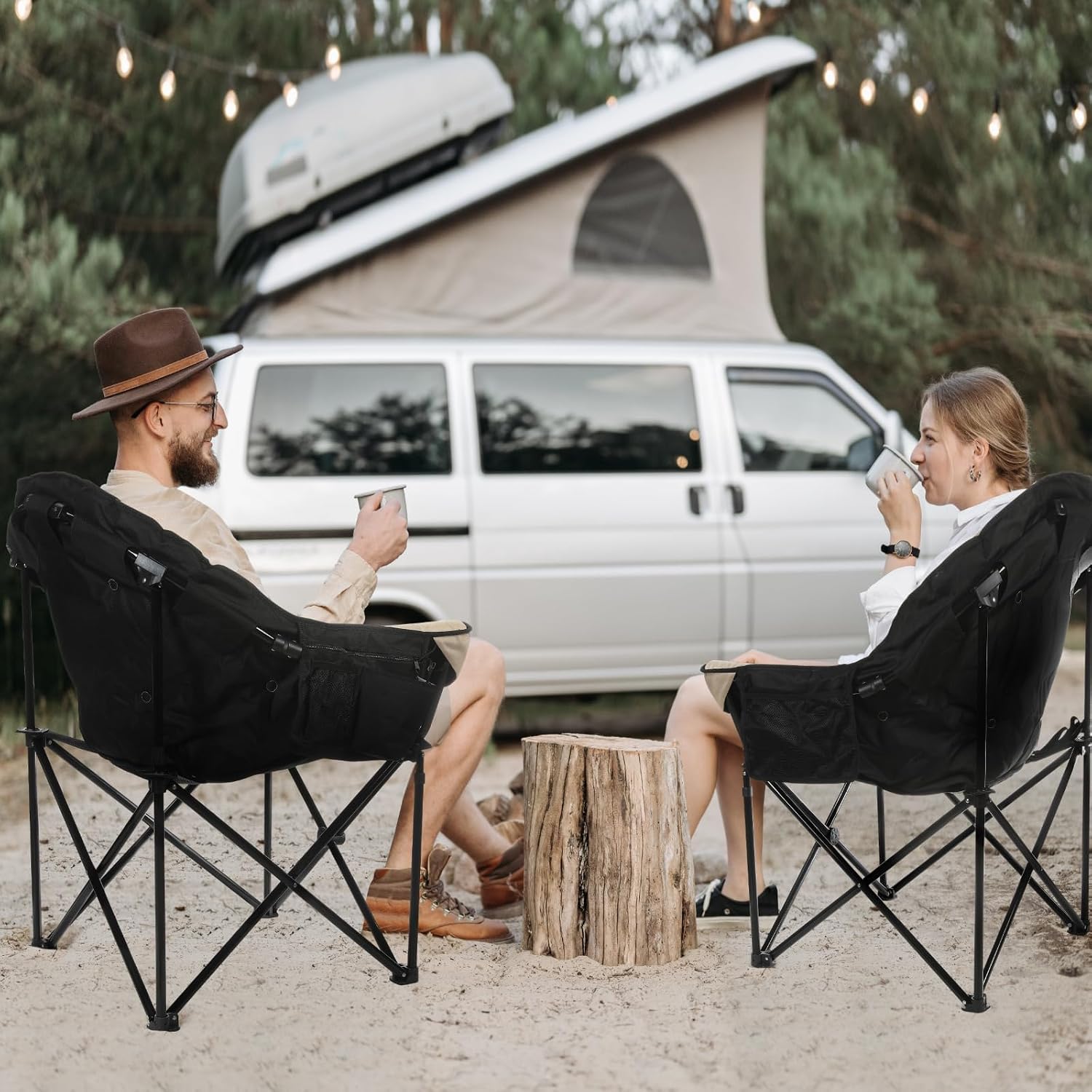 Oversized Camping Chairs Padded Heavy Duty Folding Support 400LBS | Comfy Lawn Chairs for Adults Outdoor Sports with Side Mesh Bag & Cup Holder, Portable Foldable, Sturdy Steel Frame (Grey)