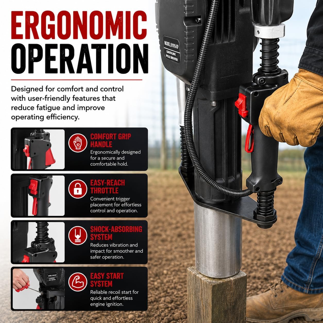 XtremepowerUS 38cc Gas Powered Fence Post Driver, 4-Stroke T-Post Driver, Heavy Duty Gasoline Pile Driver for T-Posts, Ground Rods & Steel Stakes