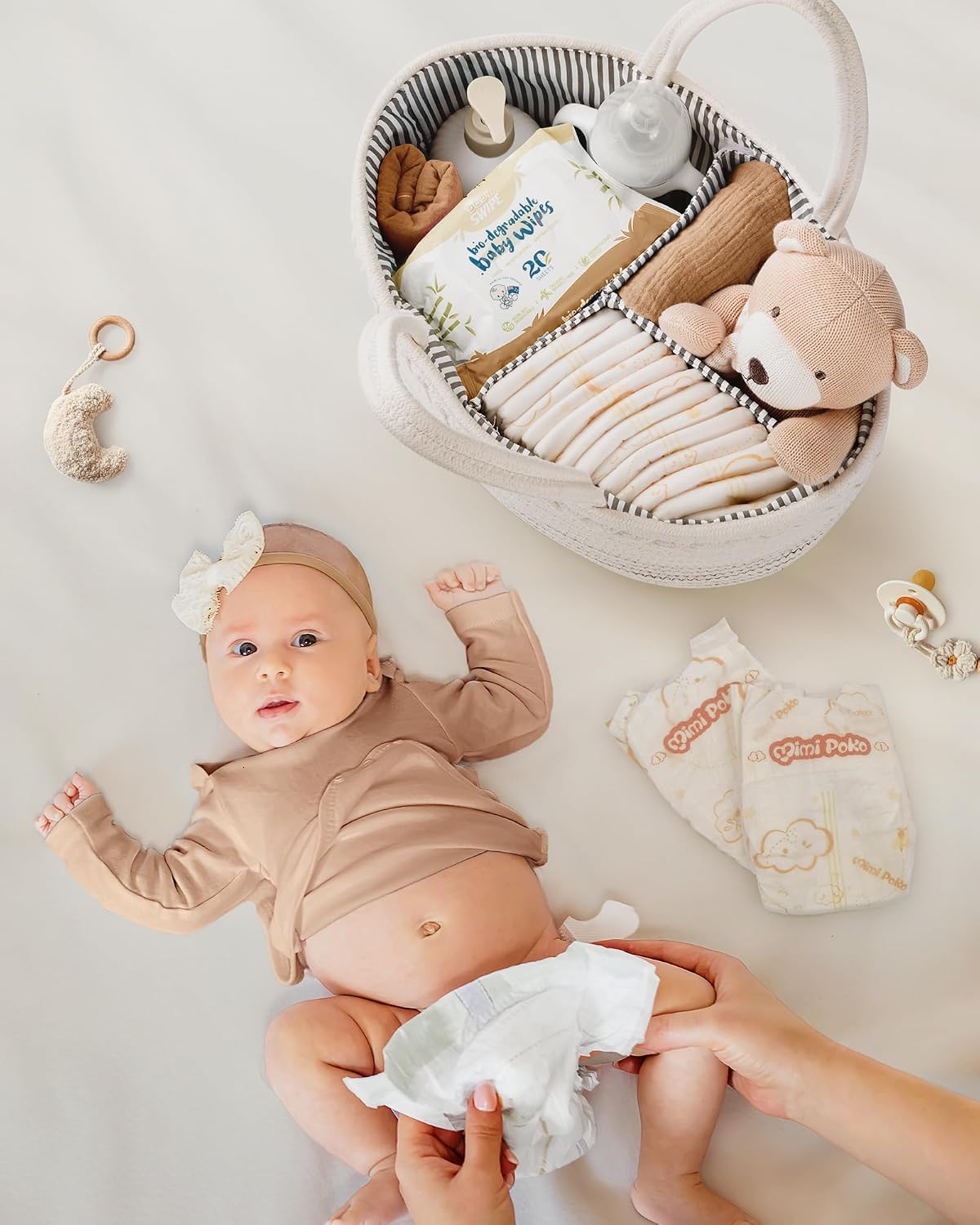 Maliton Diaper Caddy Organizer for Baby, Cotton Rope Baby Gift Basket, Portable Diaper Organizer for changing table, Nursery Storage Organizer