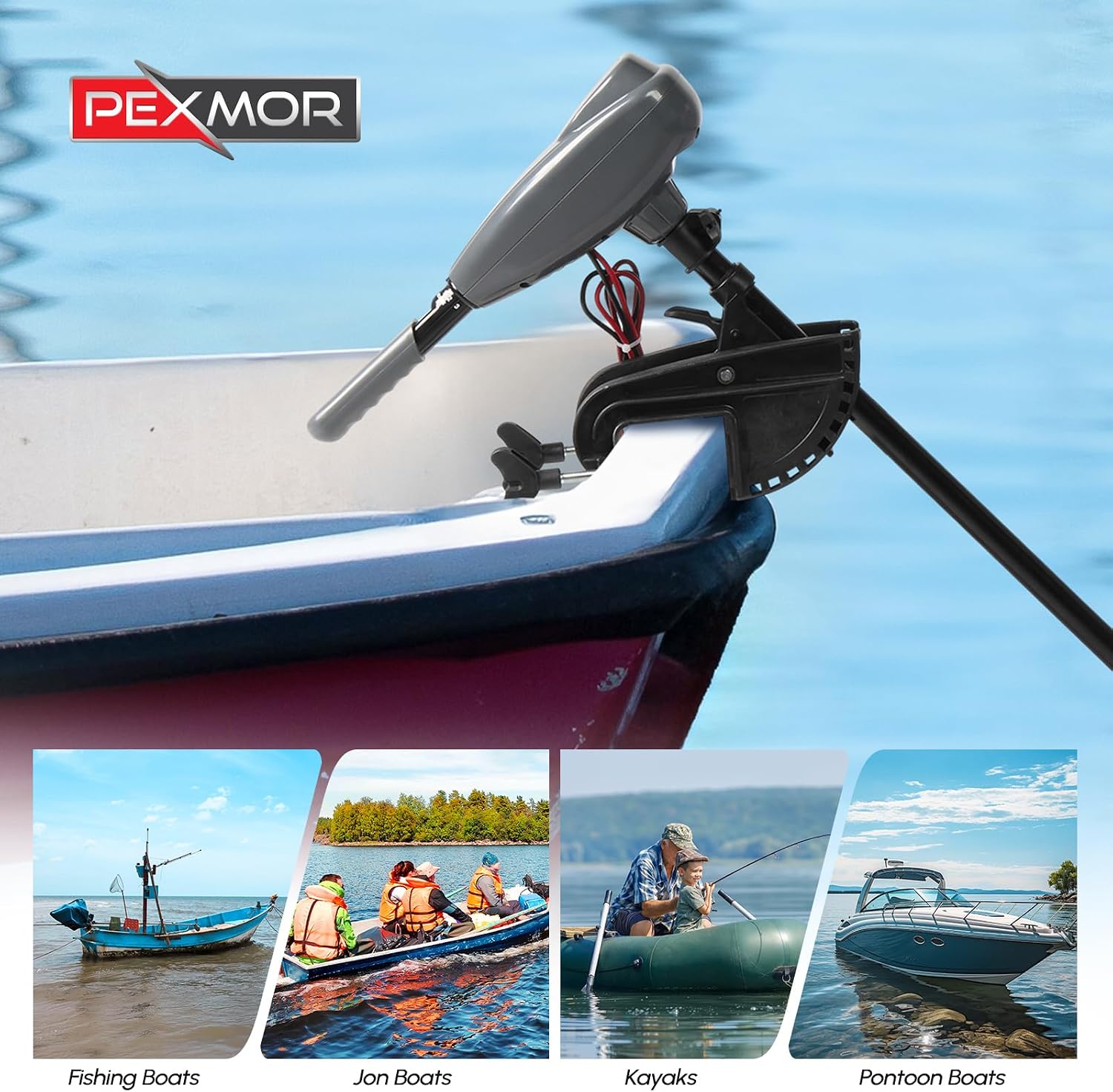 PEXMOR 8 Speed Electric Trolling Motor, Electric Outboard Boat Motor w/Adjustable Handle & LED Indicator, Transom Mounted for Saltwater, Kayak