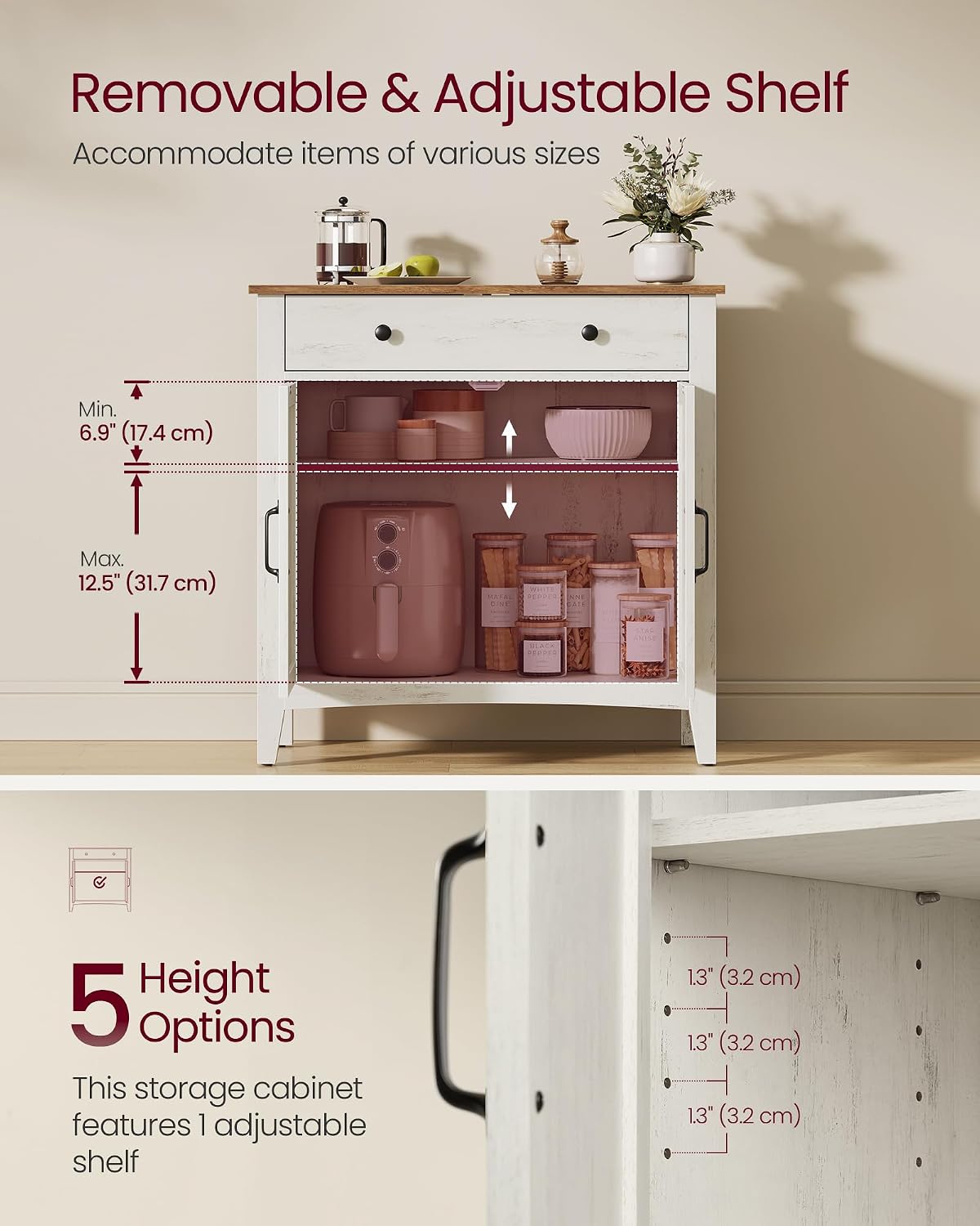 VASAGLE LIRY Collection - Storage Cabinet, Buffet Cabinet, Sideboard, Credenza, with Adjustable Shelves, for Entryway, Rustic White and Honey Brown ULSC381W01