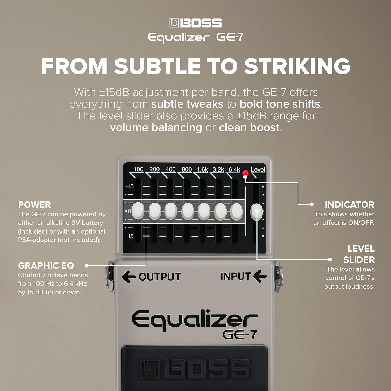 BOSS GE-7 Equalizer | Compact Graphic Equalizer Pedal | Tailored for Guitarists | 7 Bands of EQ Sliders | Guitar-Optimized Frequencies | ±15dB