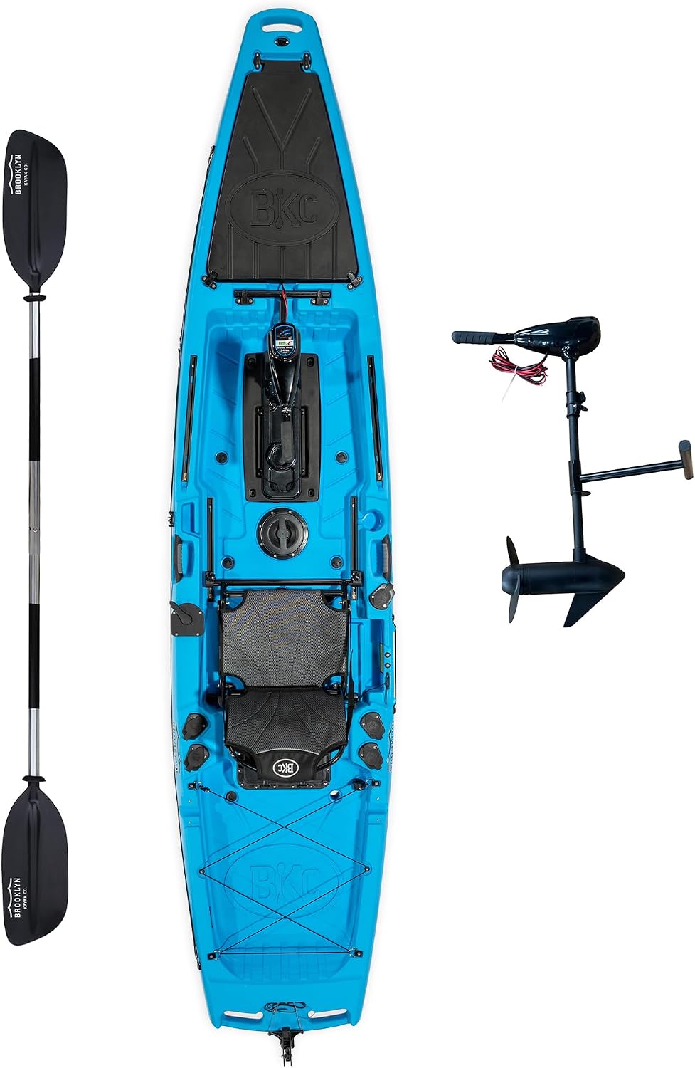BKC Brooklyn 12.5 Pro Pedal Fishing Kayak, Propeller Drive | Hands-free propeller drive, rudder steering, 550 lb capacity, dry storage, rod holders, 12.5 ft sit-on-top hull