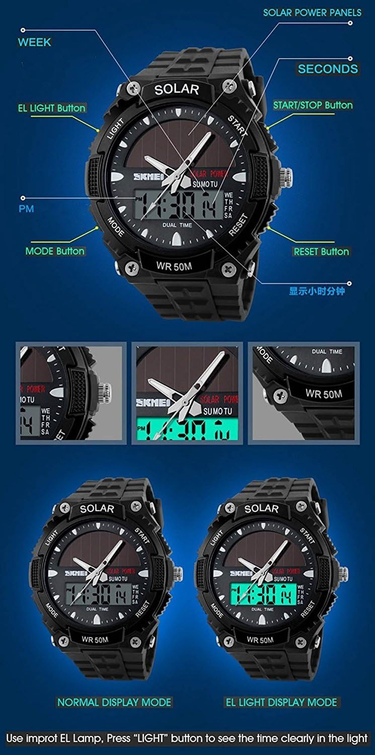 MASTOP Solar Powered Energy Watch for Men Military Digital Multifunctional Led Luminous Indication 2 Time Zone 50m Waterproof Watch Reloj Solar para Hombre