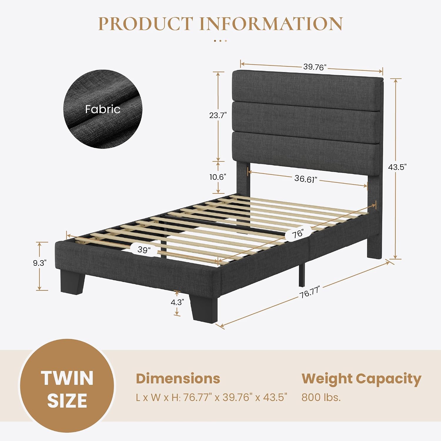 SHA CERLIN Full Platform Bed Frame with Upholstered Fabric Headboard, Grey