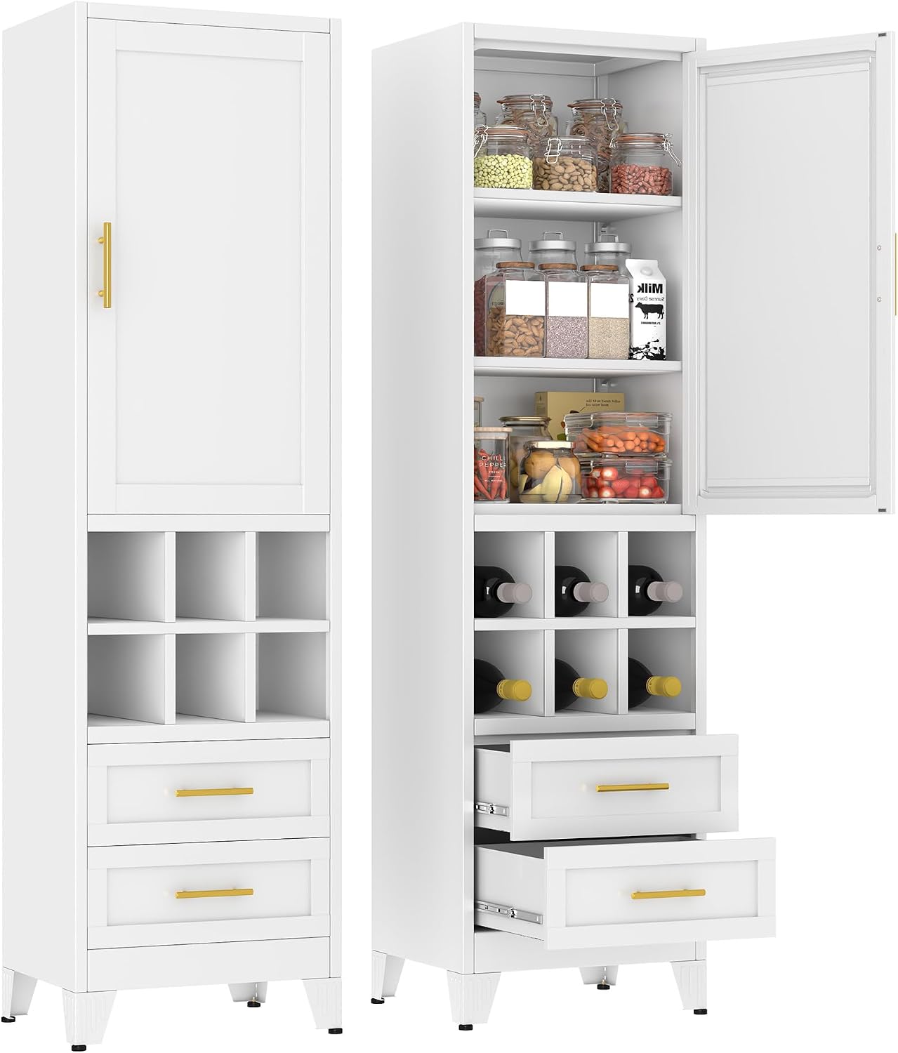 pozdeg 67" Tall Narrow White Metal Storage Cabinet | 2 Doors, 4 Adjustable Shelves, Freestanding Slim Pantry Organizer for Bathroom Kitchen Living Room