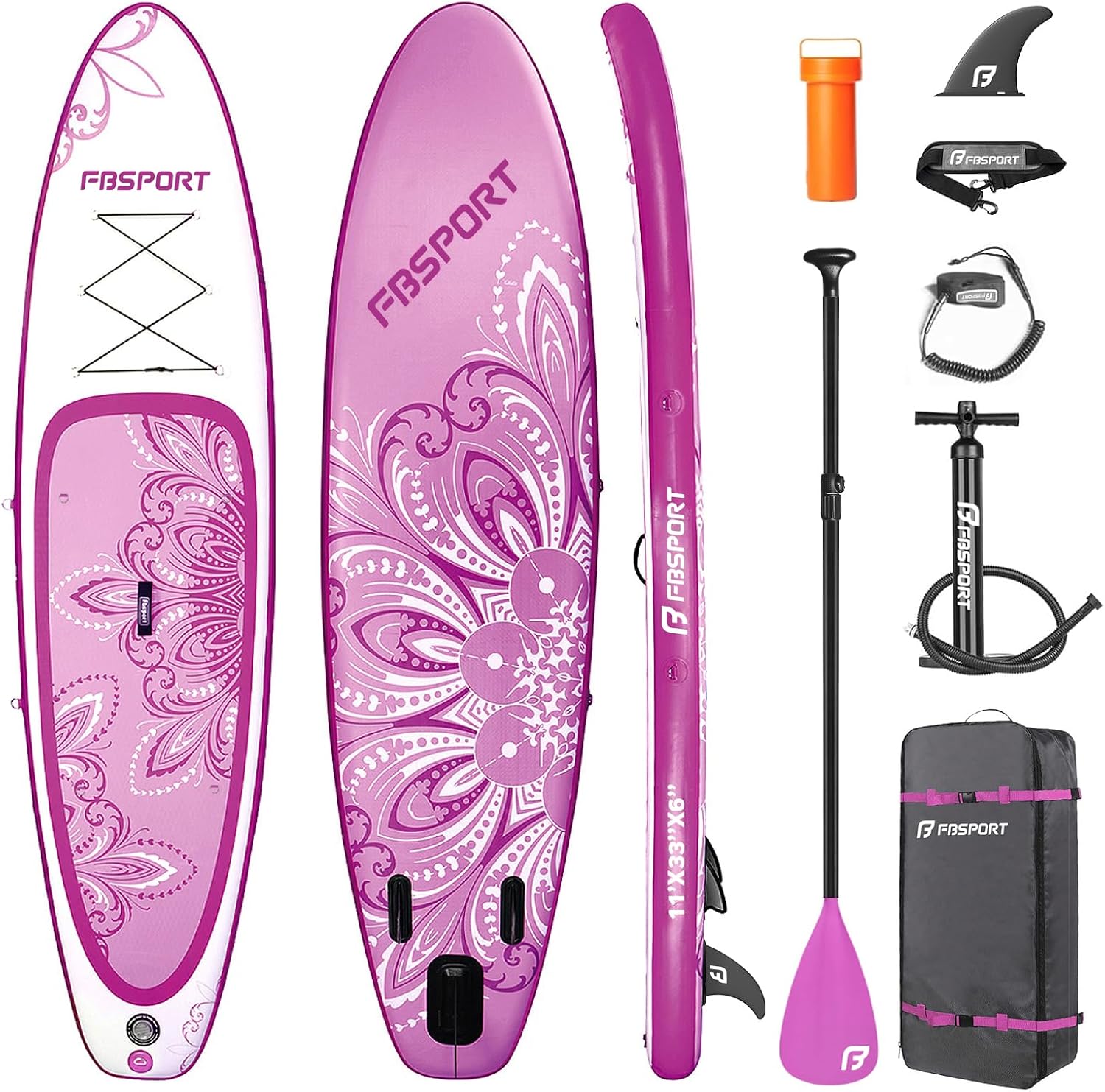 FBSPORT 11' Premium Stand Up Paddle Board, Yoga Board with SUP Accessories & Carry Bag | Wide Stance, Surf Control, Non-Slip Deck, Leash
