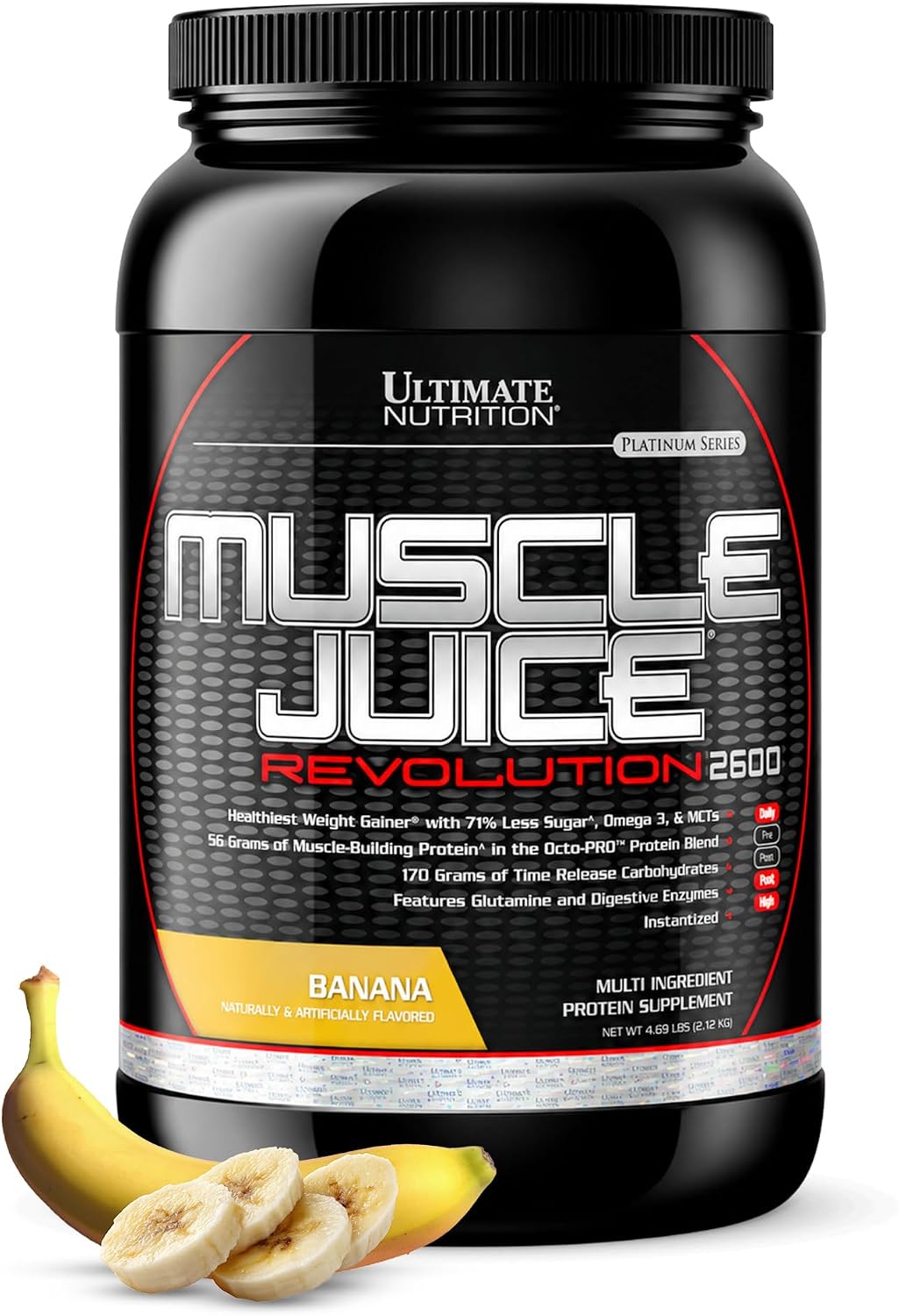 Ultimate Nutrition Muscle Juice Revolution 2600 Weight Gainer, Muscle Recovery with Glutamine, Micellar Casein and Time Release Complex Carbohydrates, Banana Protein Powder, 4.69 Pounds | 70g Octo-PRO™ Protein Blend, 175g Time-Release Carbs, 1000mg Gluta…