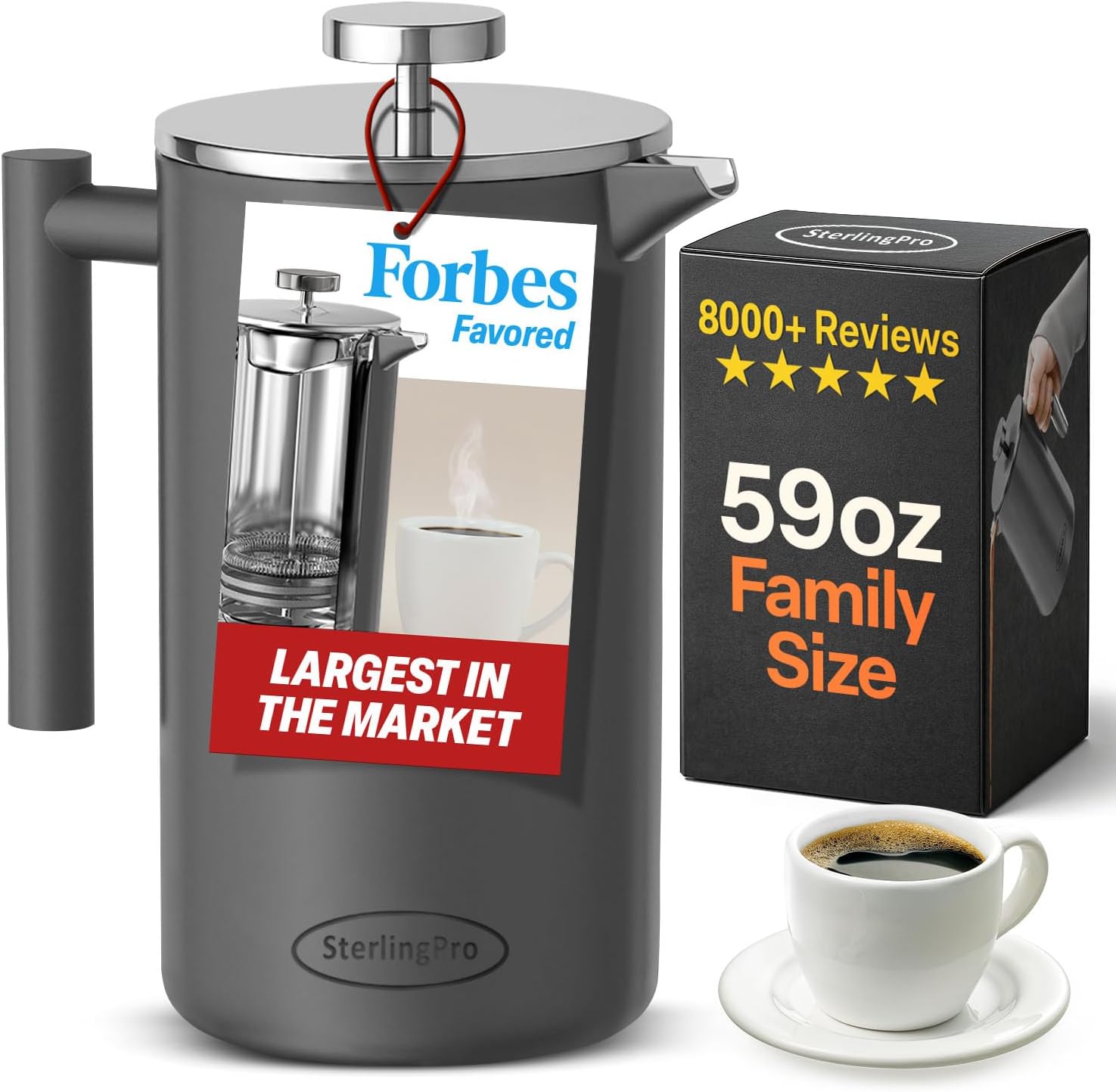 SterlingPro Large Insulated Stainless Steel French Press Coffee Maker 51oz Capacity (44 oz Brew Yield) – Double Wall Metal Coffee Press | Plastic Free | Cool-Touch | Mirror Finish | 12 Cups / 6 Mugs