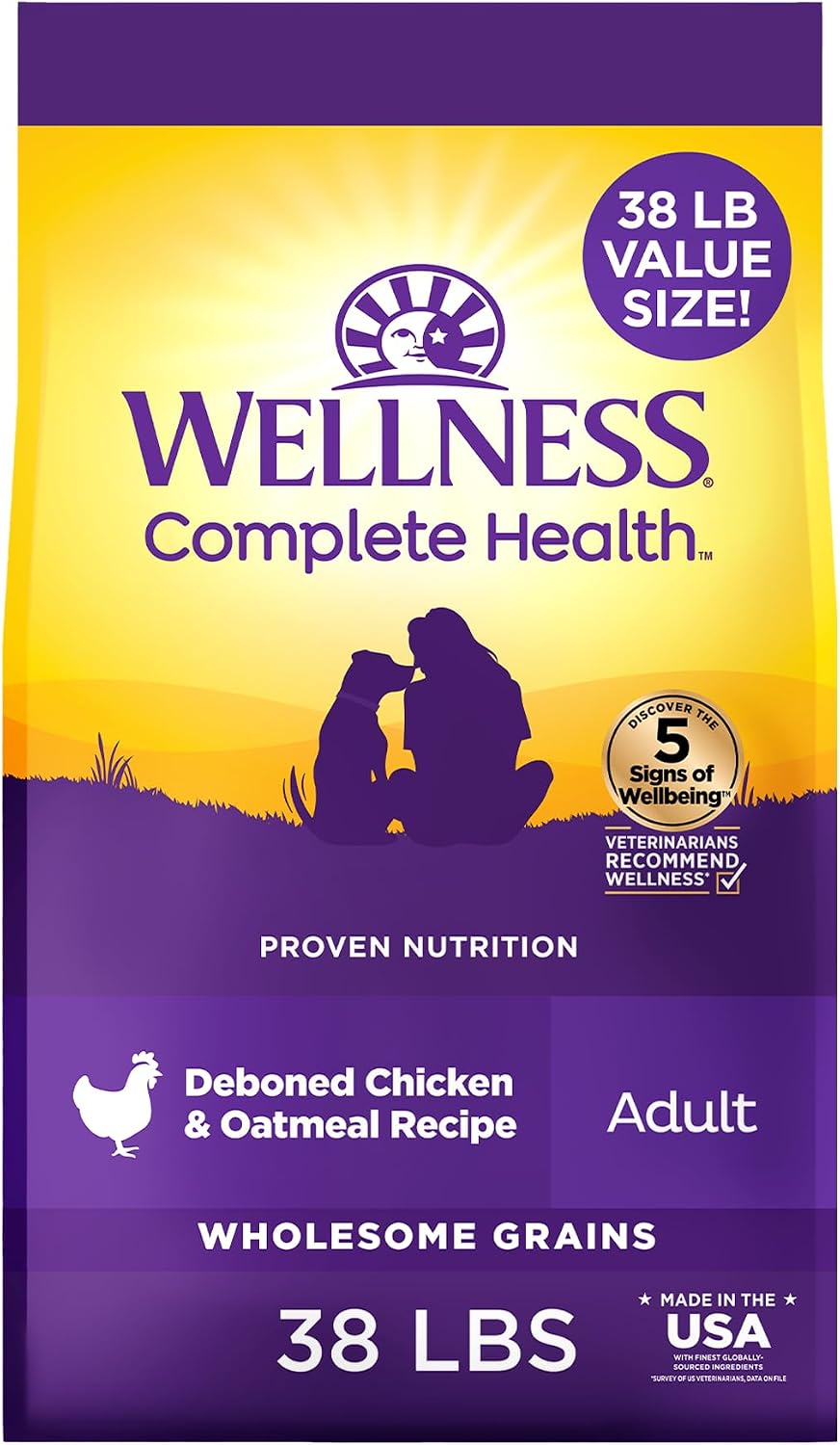 Wellness Complete Health Adult Dry Dog Food, Wholesome Grain Kibble, Natural, Chicken and Oatmeal Recipe, 5 lb Bag
