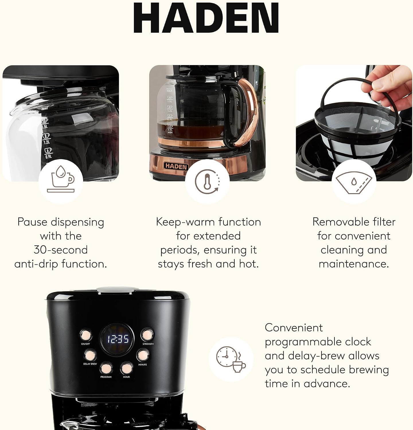 HADEN 12-Cup Programmable Coffee Maker for Home or Office, Putty & Chrome – Drip Brewer Machine with Brew Strength, Delay Brewing