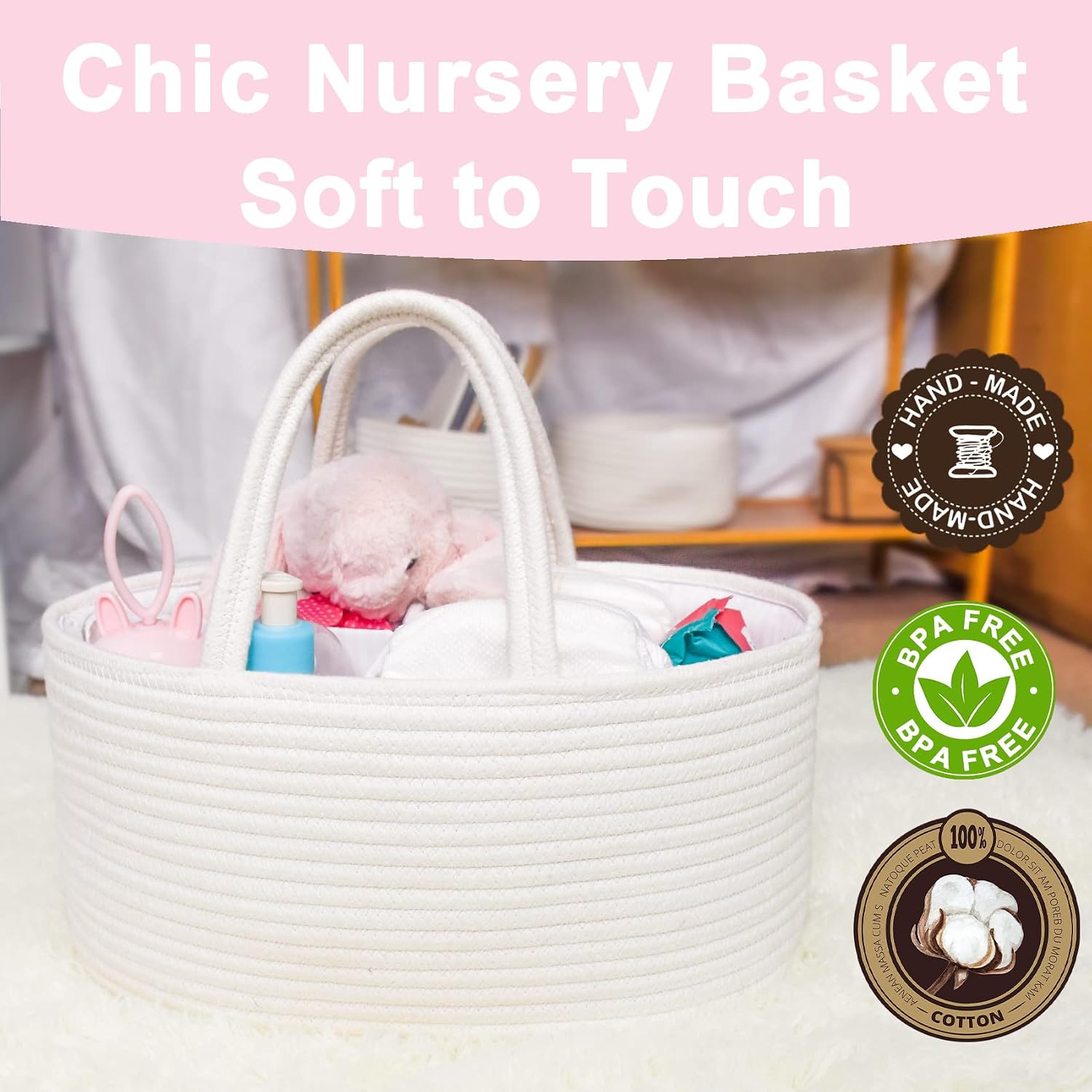 ABenkle Diaper Caddy Organizer - Cotton Rope Nursery Storage Basket for Baby Essentials, Boys & Girls Shower Gift, Changing Table Organizer