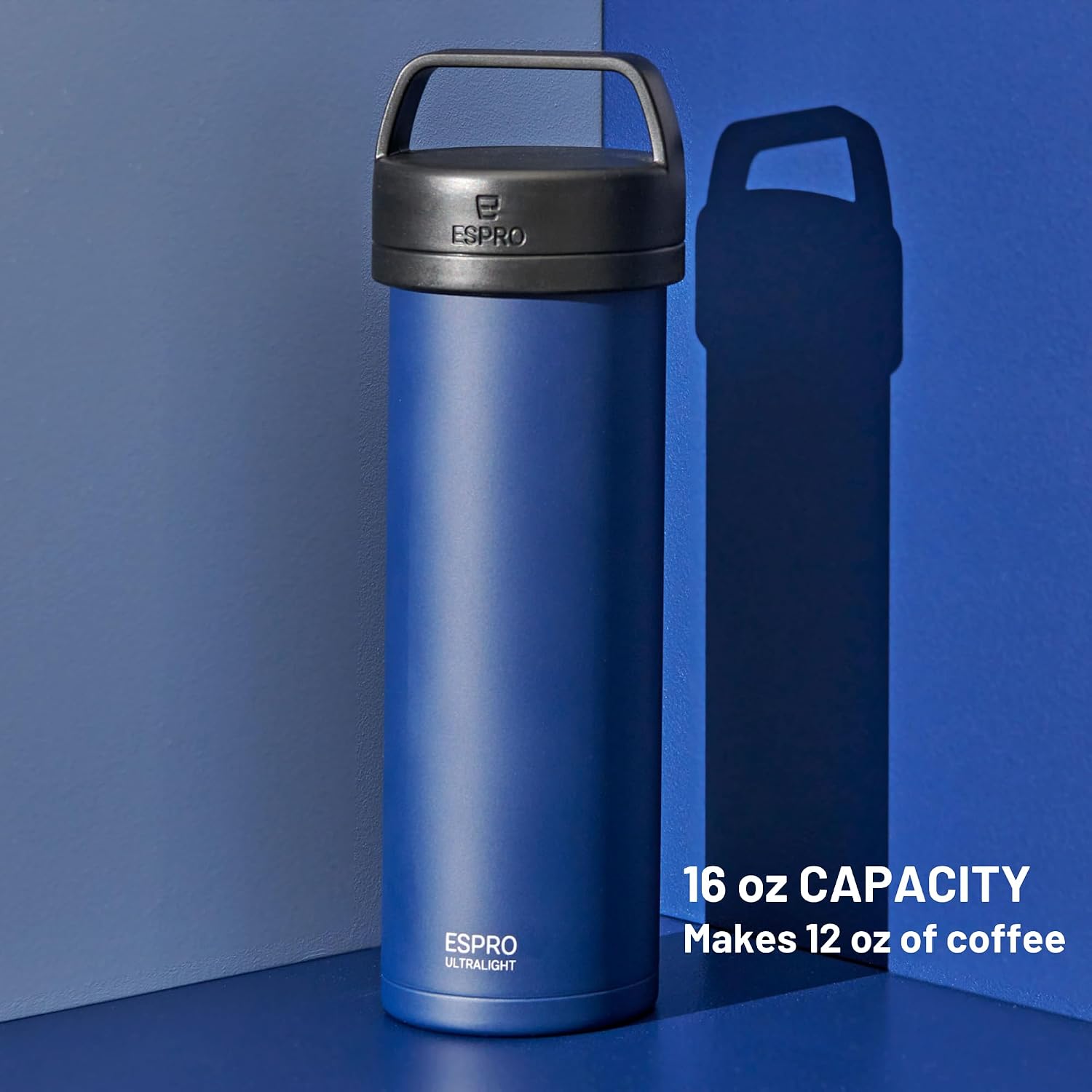 ESPRO Go P0 Ultralight French Press Coffee Maker for Travel, Vacuum Insulated Stainless Steel, 16 Ounces, Matte Meteorite Black