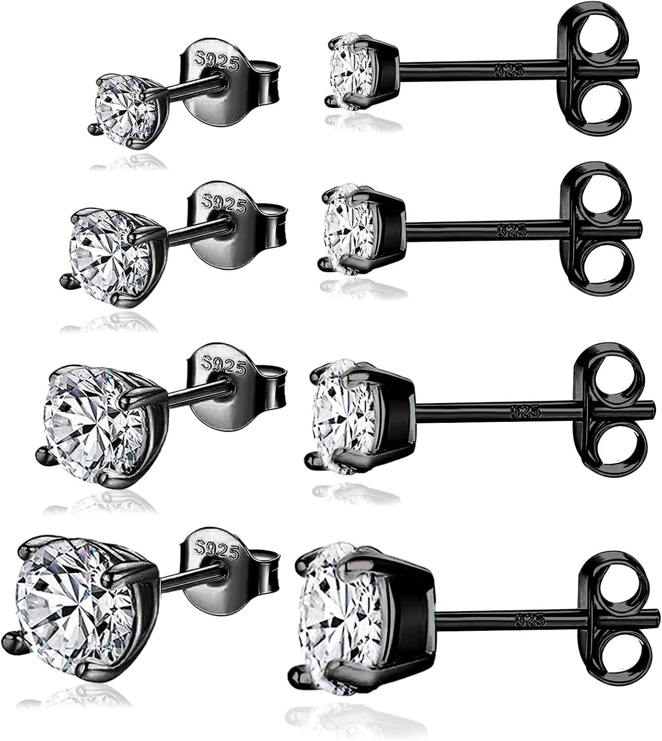 925 Sterling Silver Stud earrings Set | White Gold Plated Hypoallergenic Stud Earrings | Cubic Zirconia Stud Earrings for Women (2mm, 3mm, 4mm, 5mm