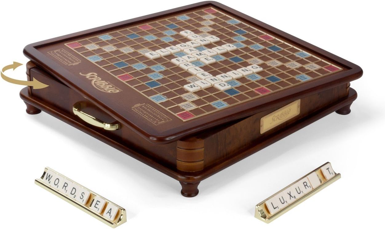 WS Game Company Scrabble Luxury Edition Rotating Wooden Board Game Set | Classic Word Game, Luxurious Wood Cabinet, Rotating Game Board