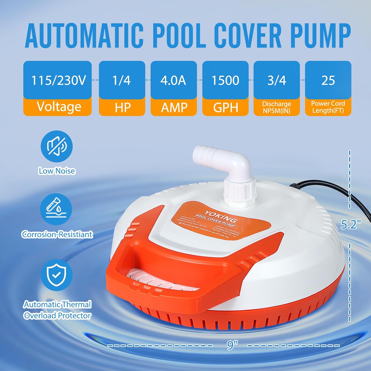 YOKING Automatic Pool Cover Pump, 1/4 HP 1500GPH Swimming Pool Submersible Water Sump Pump