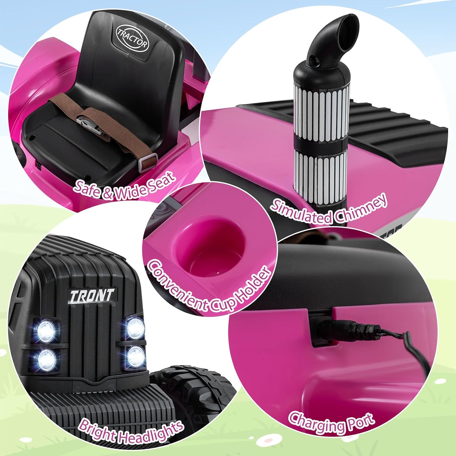 Costzon Ride on Tractor with Detachable Trailer, Kids' Electric Vehicles w/3-Gear-Shift Ground Loader, Wireless Design & USB, 7 LED Headlights