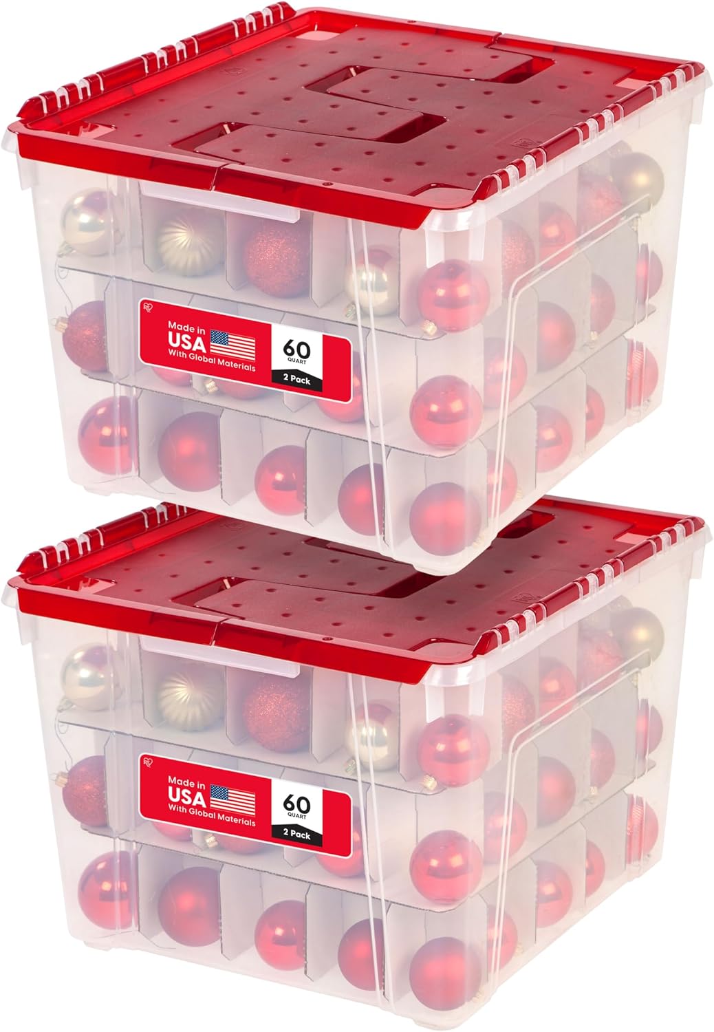 IRIS USA 2-Pack Holiday Ornament Storage Box with Attached Lid, Clear/Red