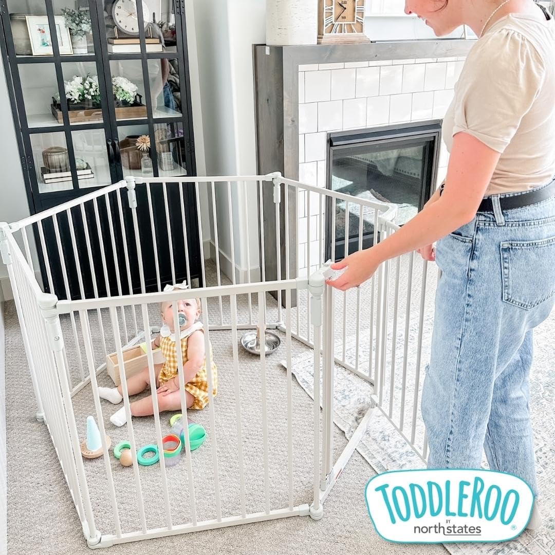 Toddleroo by North States - 3 In 1 Metal Superyard Baby Play Yard: 6 Panel Playpen, Safety Gate, or Extra Wide Baby Fence - Encloses Up to 10 Square Feet - 30 Inches Tall - Taupe