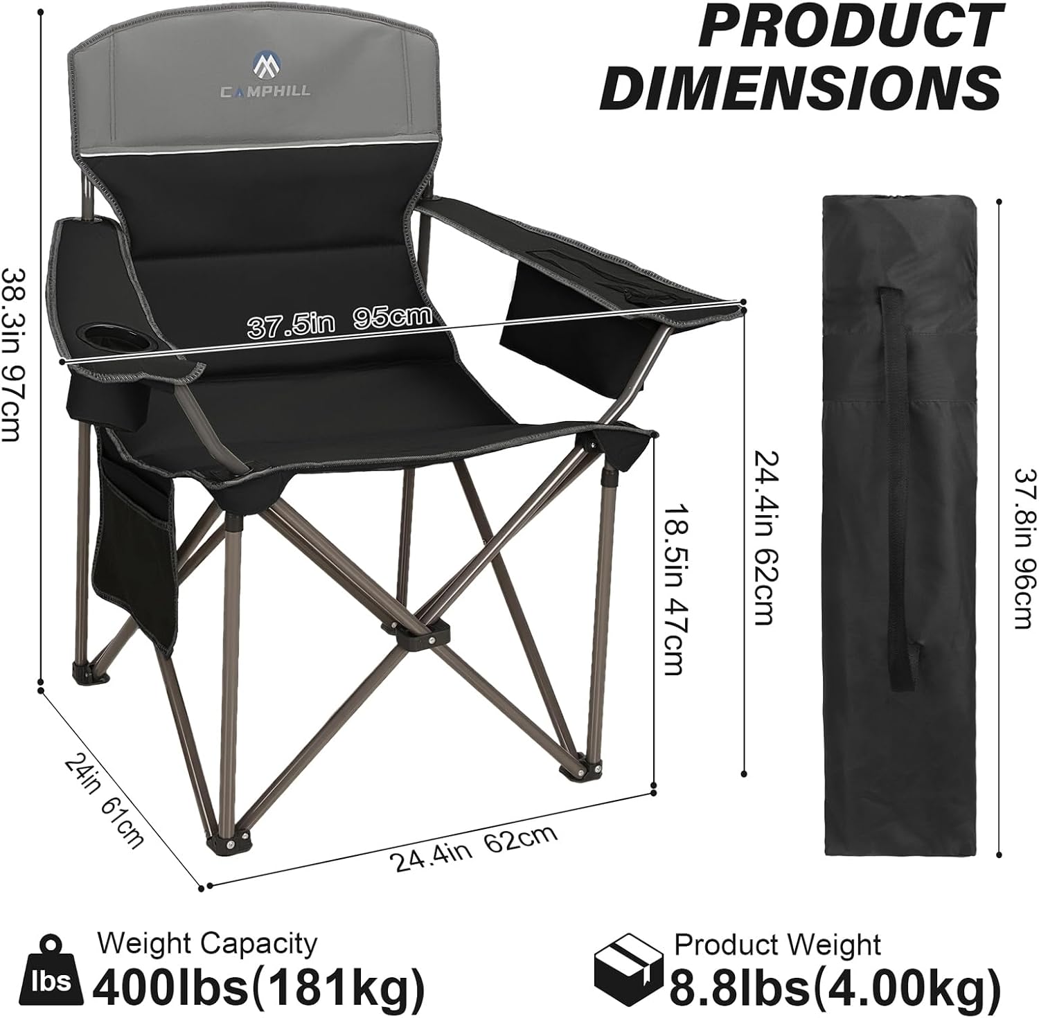 Oversized Camping Chairs 2 Pack - Heavy Duty 400LBS Padded Lawn Chair with Cooler Bag,Cup Holder,Side Pocket,Collapsible for Outdoor,Camp,Fishing & Garden,Dark Green
