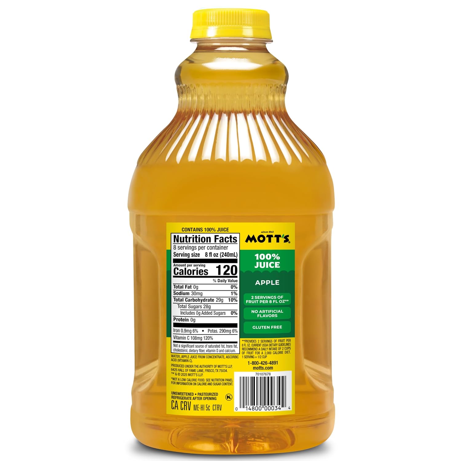 Mott's 100% Original Apple Juice, 64 Fl Oz Bottle (Pack Of 8), 2 Servings Of Fruit Per Cup, 100% Fruit Juice, Gluten-free, Caffeine-free, Kosher, And Contains No Artificial Colors Or Sweeteners