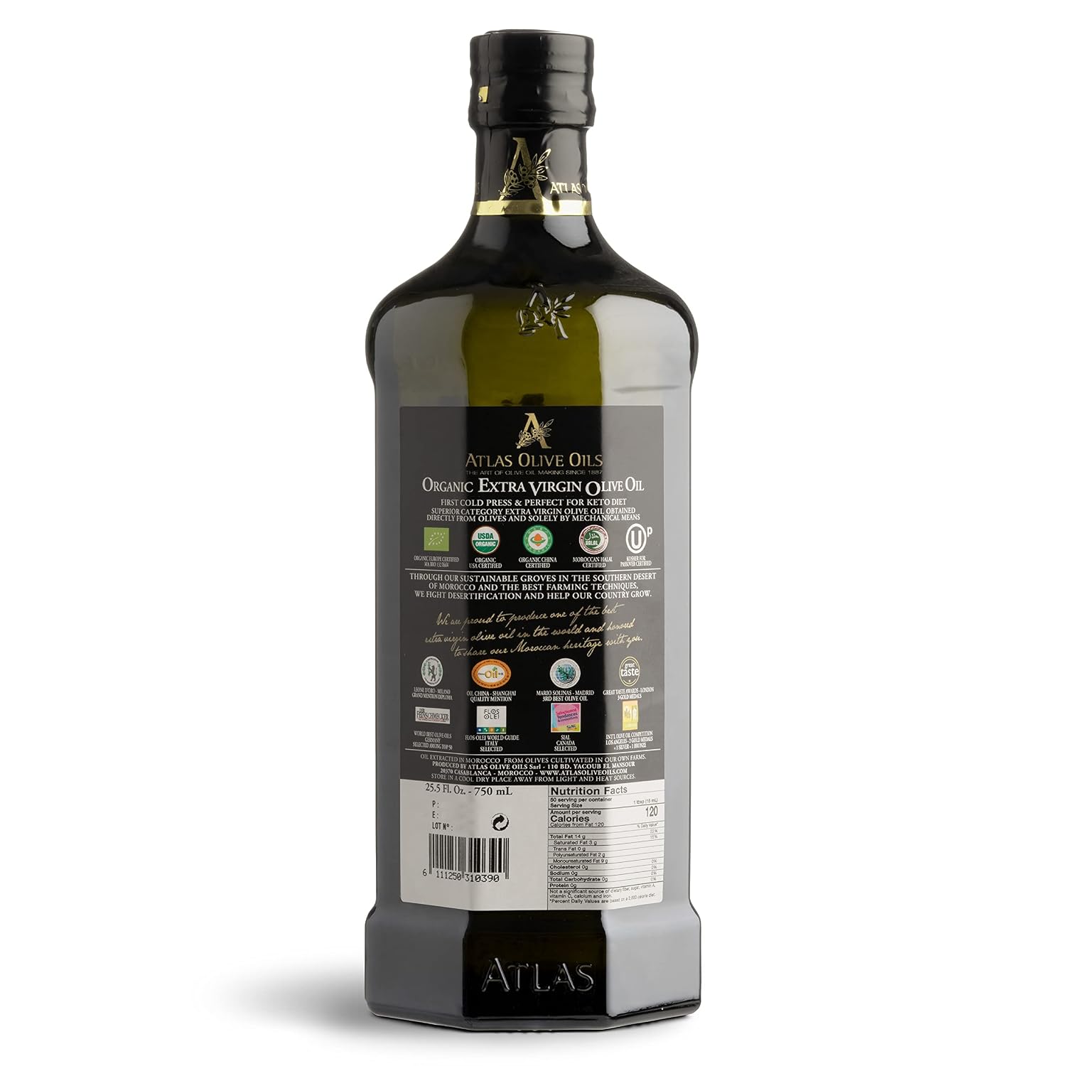 Atlas Organic Extra Virgin Olive Oil, Moroccan, High Polyphenol, 750 mL | Cold Pressed EVOO With High Smoke Point, Trusted By Award-Winning Chefs, One Family Farm, Polyphenol-Rich & Smooth Finish