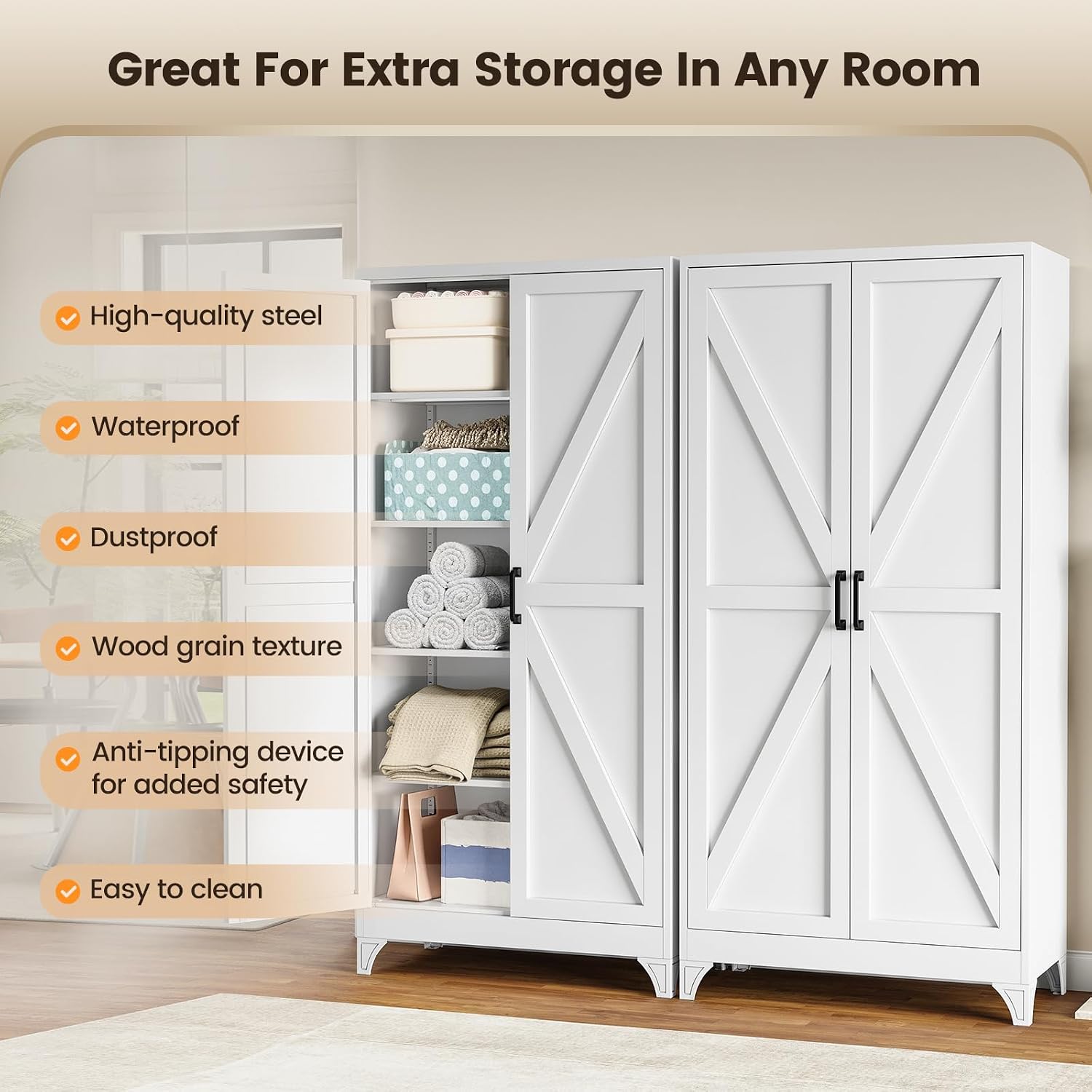 Metal Storage Cabinet with 2 Doors and 4 Adjustable Shelves - 61" White Kitchen Pantry Storage 5-Tier Tall Steel Cabinets Locker for Kitchen, Living Room, Dining Room