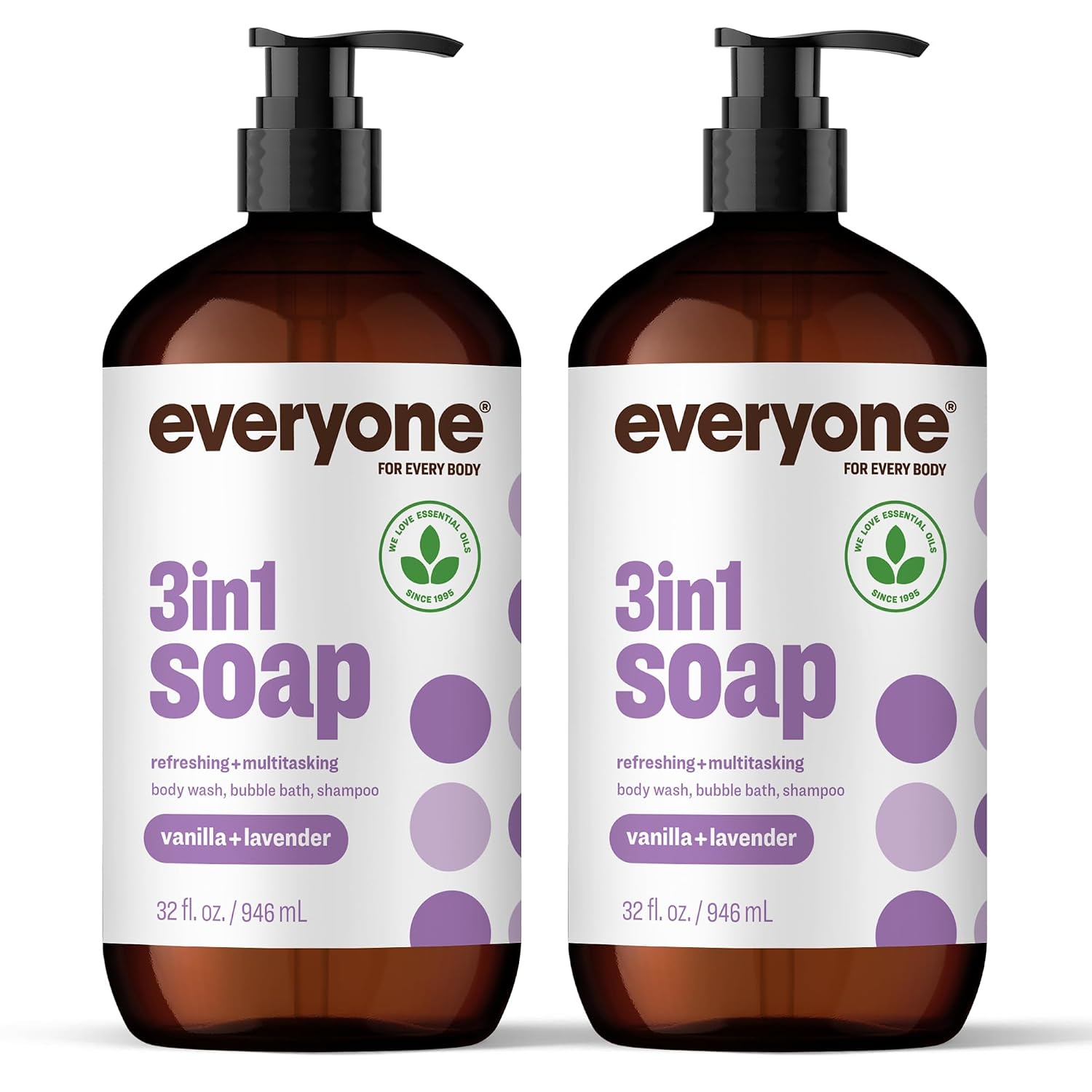 Everyone 3-in-1 Soap Body Wash Bubble Bath Shampoo Coconut Lemon 32oz 2pk | Natural essential oil formula | body wash | shampoo | bubble bath in one | coconut lemon scent | bulk value 2-pack
