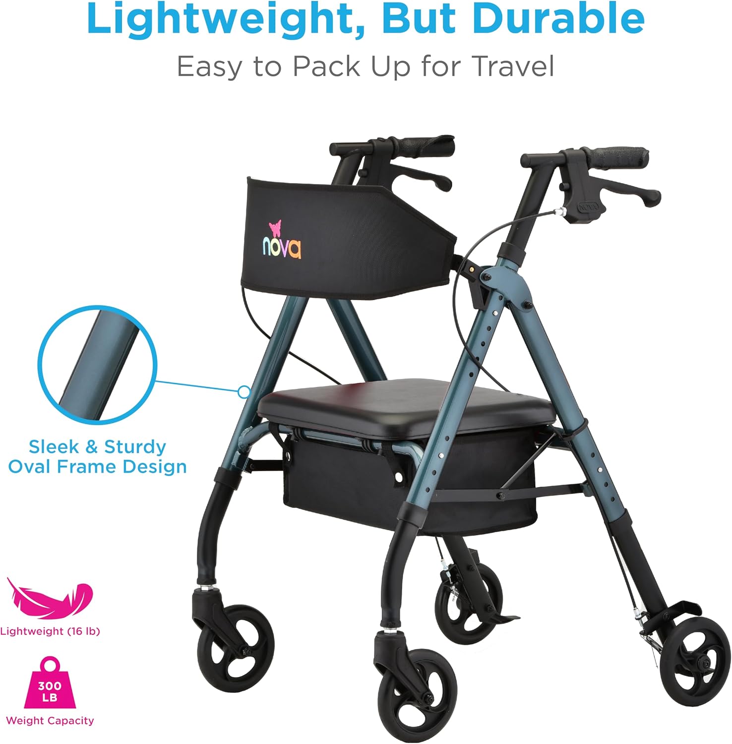 NOVA Star 6 Foldable Rollator Walker for Seniors, Wide Padded Backrest with Seat, 6” All-Terrain Wheels, Easy-Grip Locking Hand Brakes, Height Adjustable, Blue