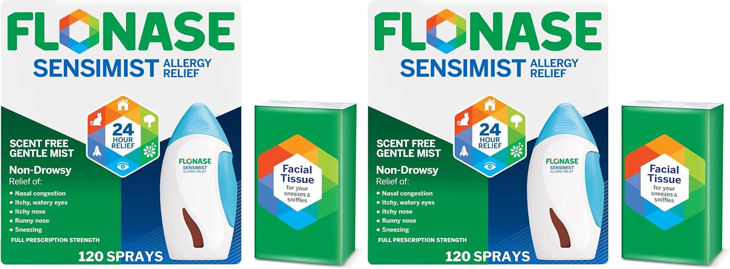 Flonase Sensimist Allergy Relief Nasal Spray, 120 Sprays | Tissues Included, Fluticasone Propionate Nasal Spray, Multi-Symptom Relief, 24-Hour Non-Drowsy Allergy Relief