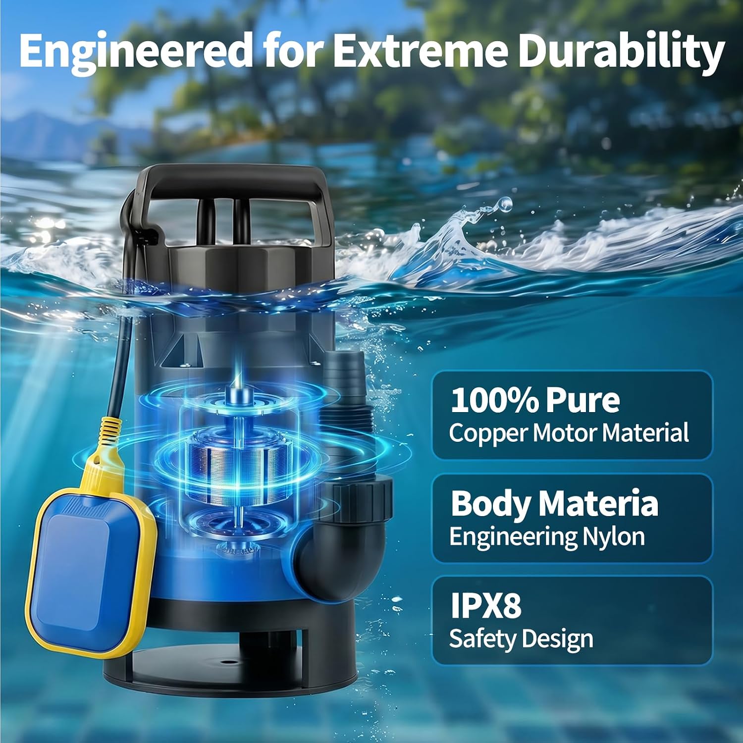 1.1HP Submersible Sump Pump, 4600 GPH Electric Water Pump with Automatic Float Switch, Portable Utility Pump for Pool Draining, Basement