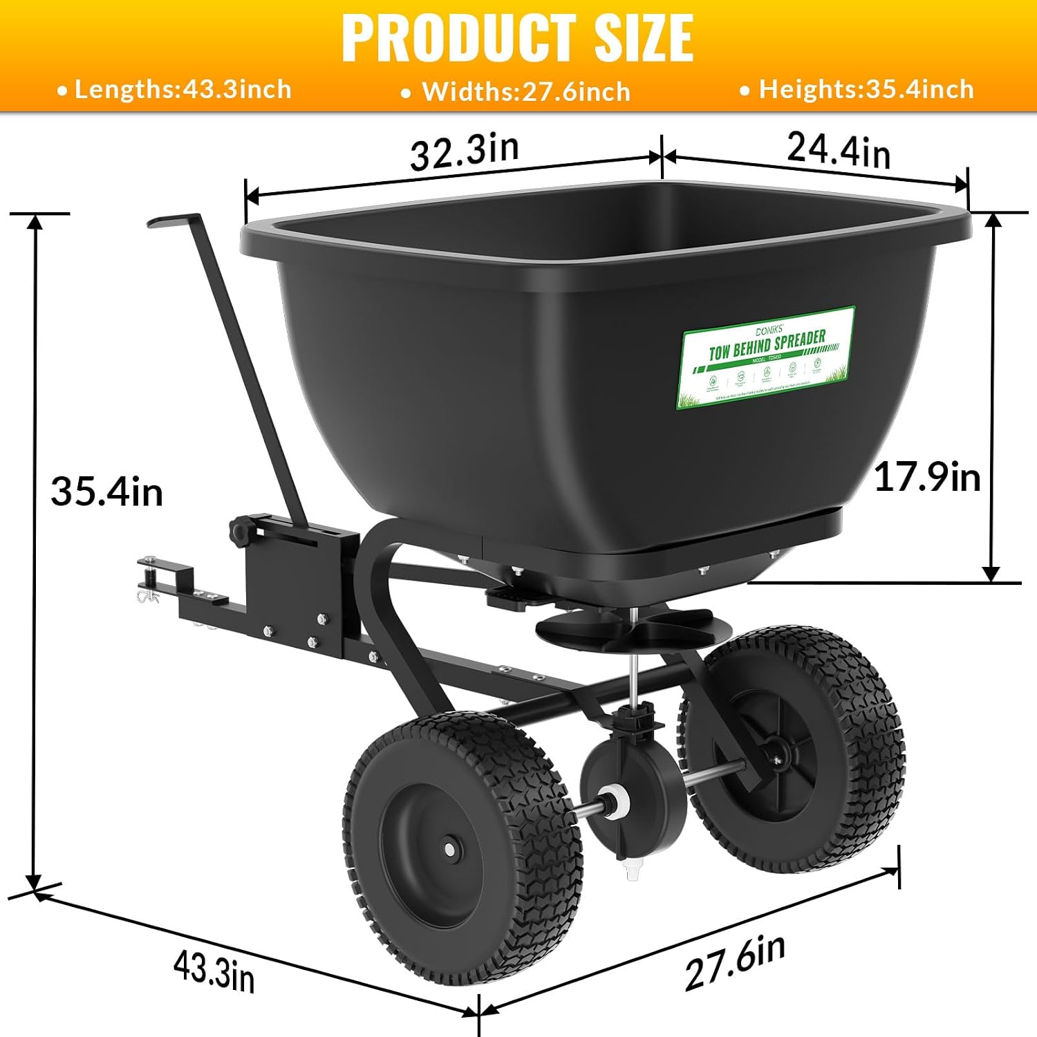 Tow Behind Broadcast Spreader, 200 LB Capacity, Fertilizer Spreader Holds up to 550 lbs with 13" Pneumatic Tires and Adjustable Flow Control Lever