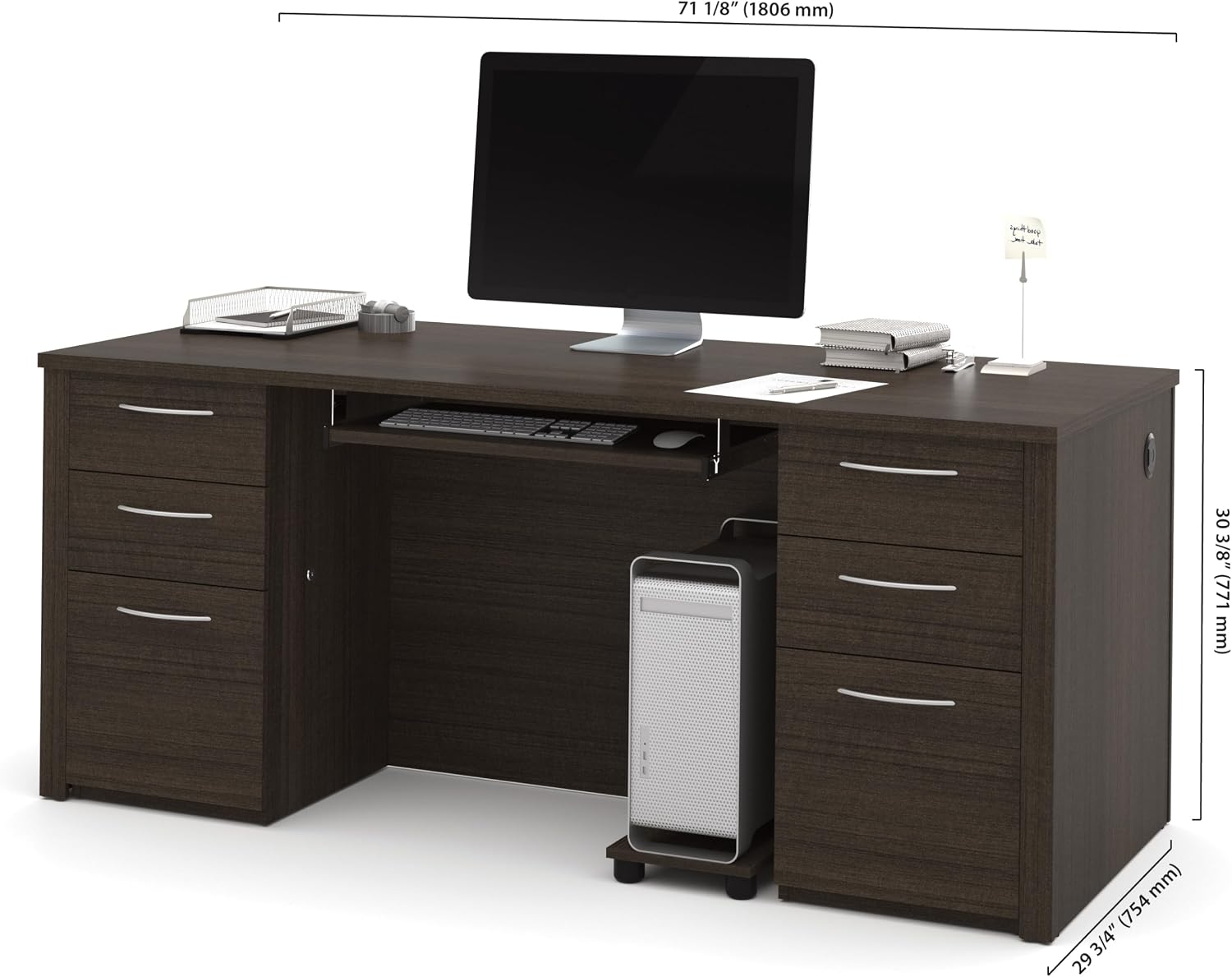 Bestar Executive Desk with Two Pedestals, 72W, Dark Chocolate, Embassy, 72W | With Two Pedestals, with Desk Shell, Keyboard Tray, CPU Stand