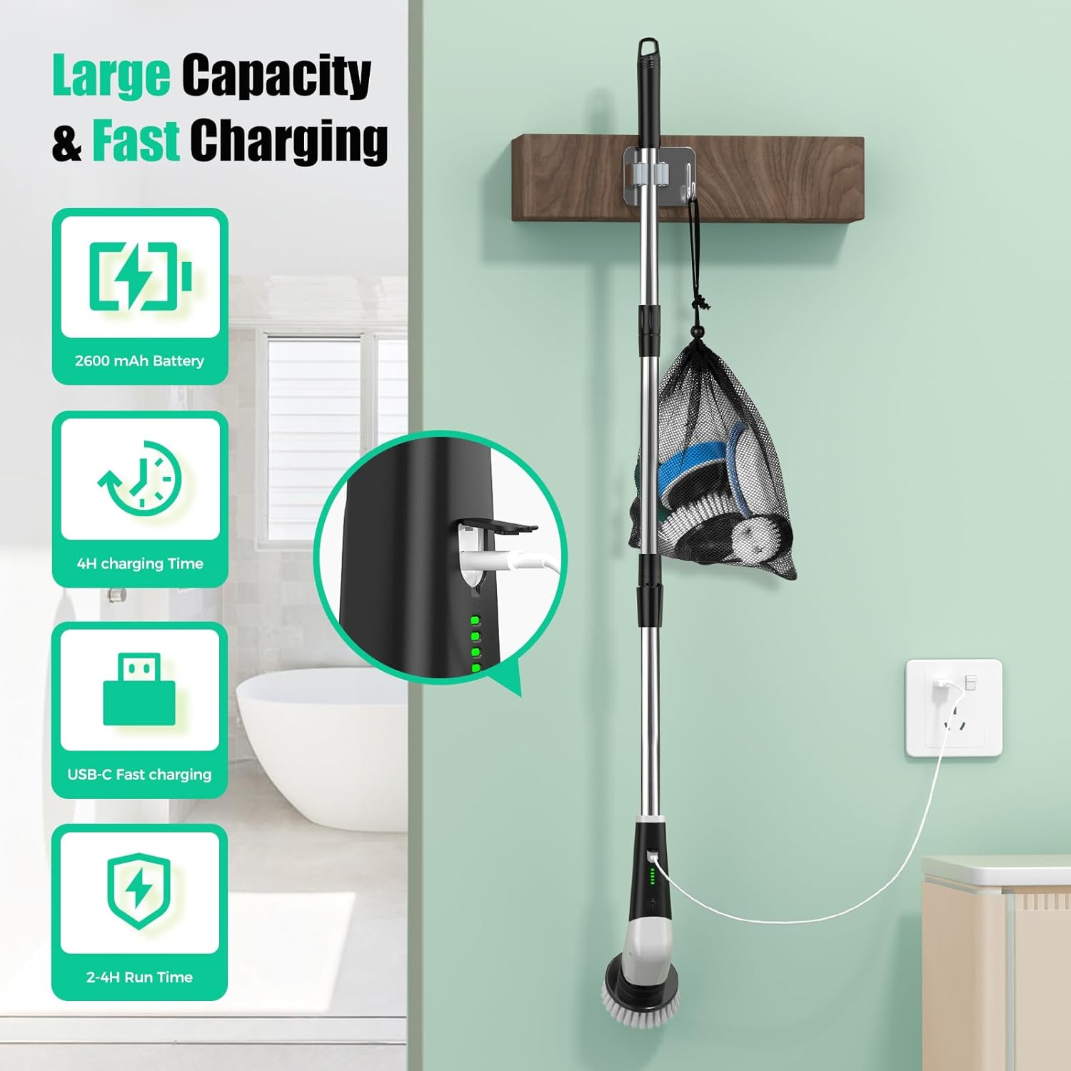 YKYI Electric Spin Scrubber, Cordless Power Cleaning Brush with Long Handle | 8 Brush Heads, 3 Handle Lengths, 2 Speeds, IPX7 Waterproof