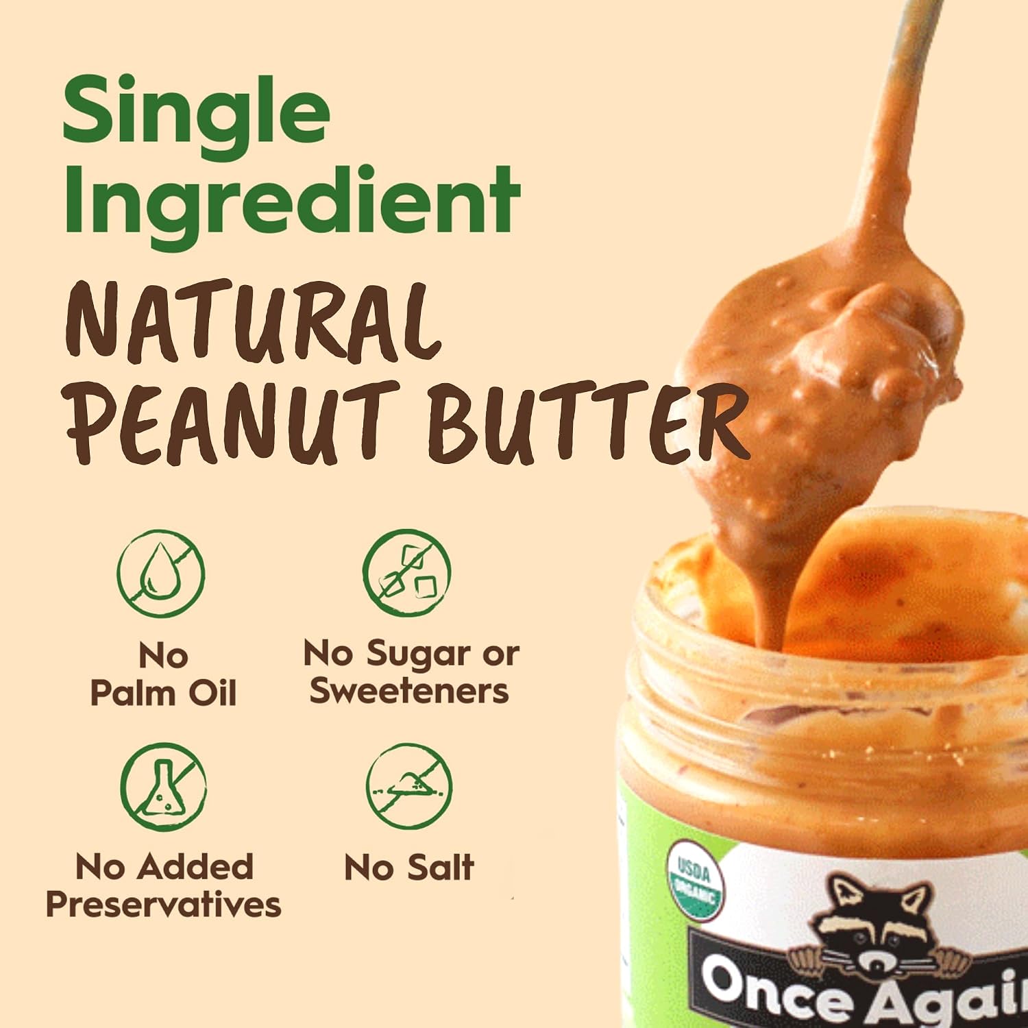Once Again Organic Crunchy Peanut Butter No Sugar Added - Single Ingredient, Unsalted, Natural Peanut Butter No Palm Oil - Glass Jar, Non-GMO, Gluten Free - Chunky, Unsweetened - 1 Jar (16 oz)