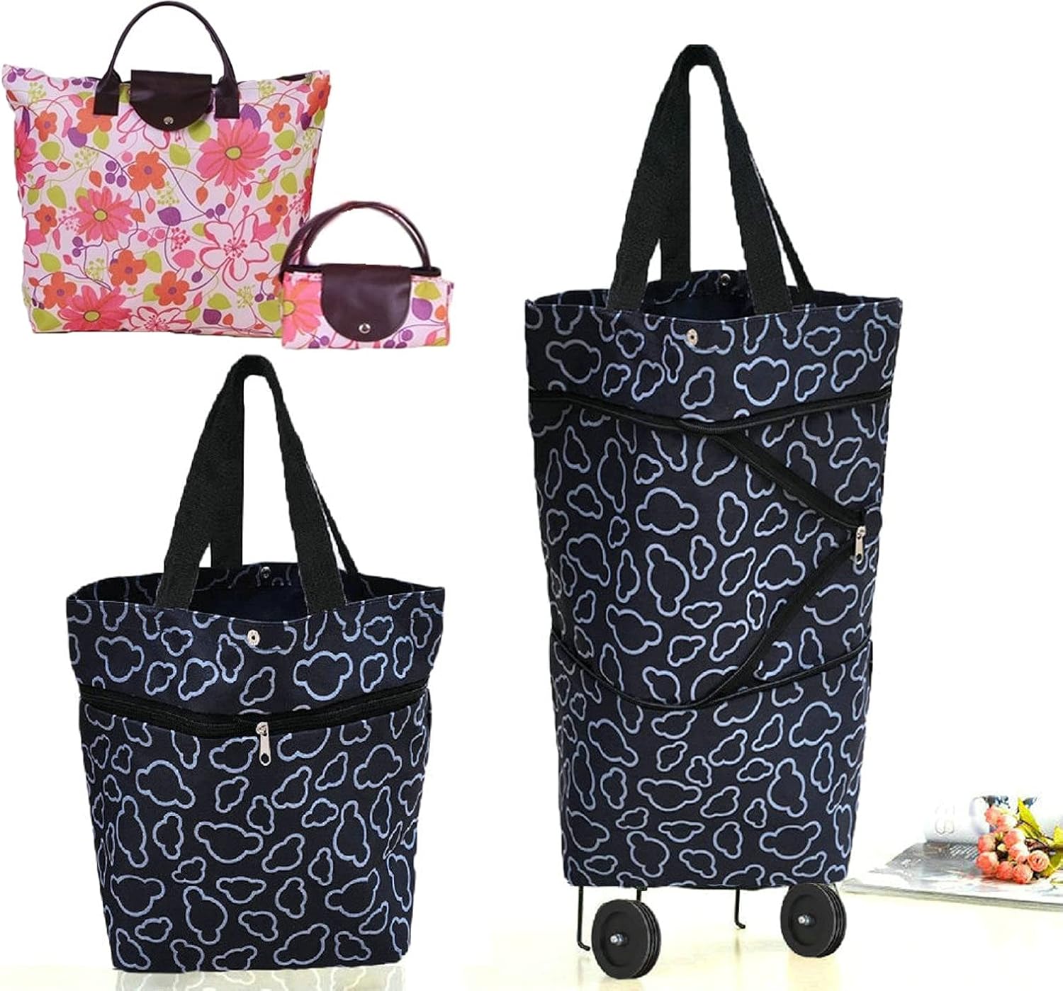 Collapsible Shopping Bag with Wheels Portable Shopping Cart with 360° Swivel Wheels Rolling Tote Bag Reusable Grocery Bag Trolley Bag on Wheels for Travel Shopping and Daily Use(Blue)