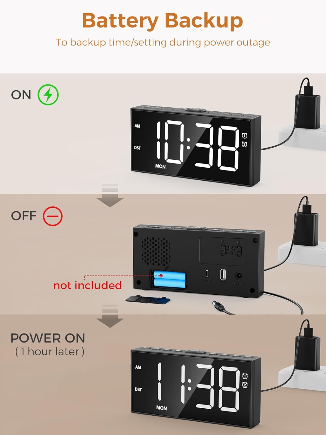 Digital Alarm Clocks for Bedrooms, Dual Alarms, 7.5-Inch Large Display
