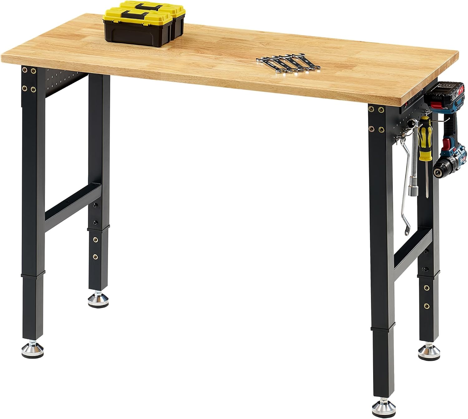 Albott 44 x 20-Inch Adjustable Workbench | 2000 Lbs Capacity, Solid Rubber Wood Top, Power Outlets and Hooks, for Garage, Workshop and Home Office, Black