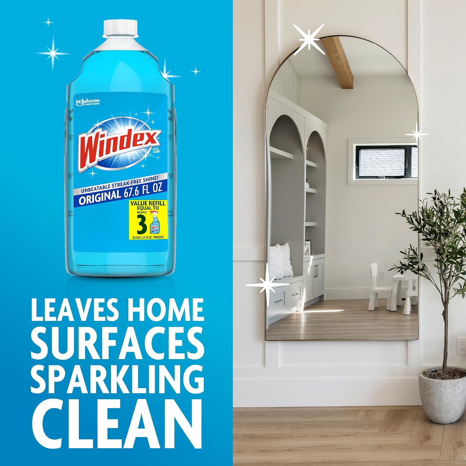 Windex refill glass and window cleaner, made from 100% recycled plastic, surface cleaning spray, original blue scent, 2L (67.6 fl oz)