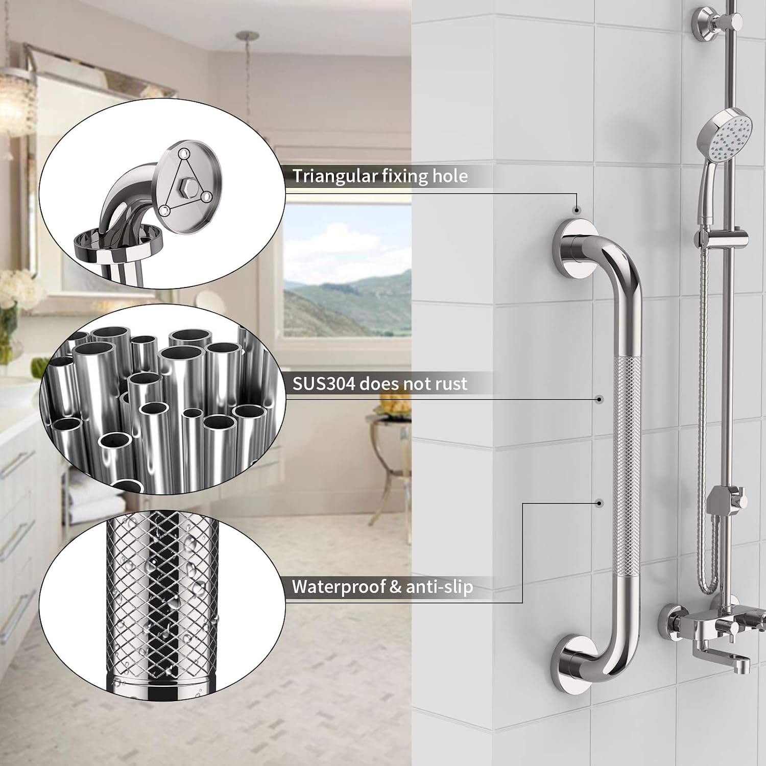 Munzong 3 Pack Commercial Handicap Grab Bars 18" 36" 42" Brushed Nickel | Bathroom Grab Bar for Shower 1.25" Diameter Anti Slip Bathroom Balance Bar Safety Hand Rail for Elderly Injury Senior