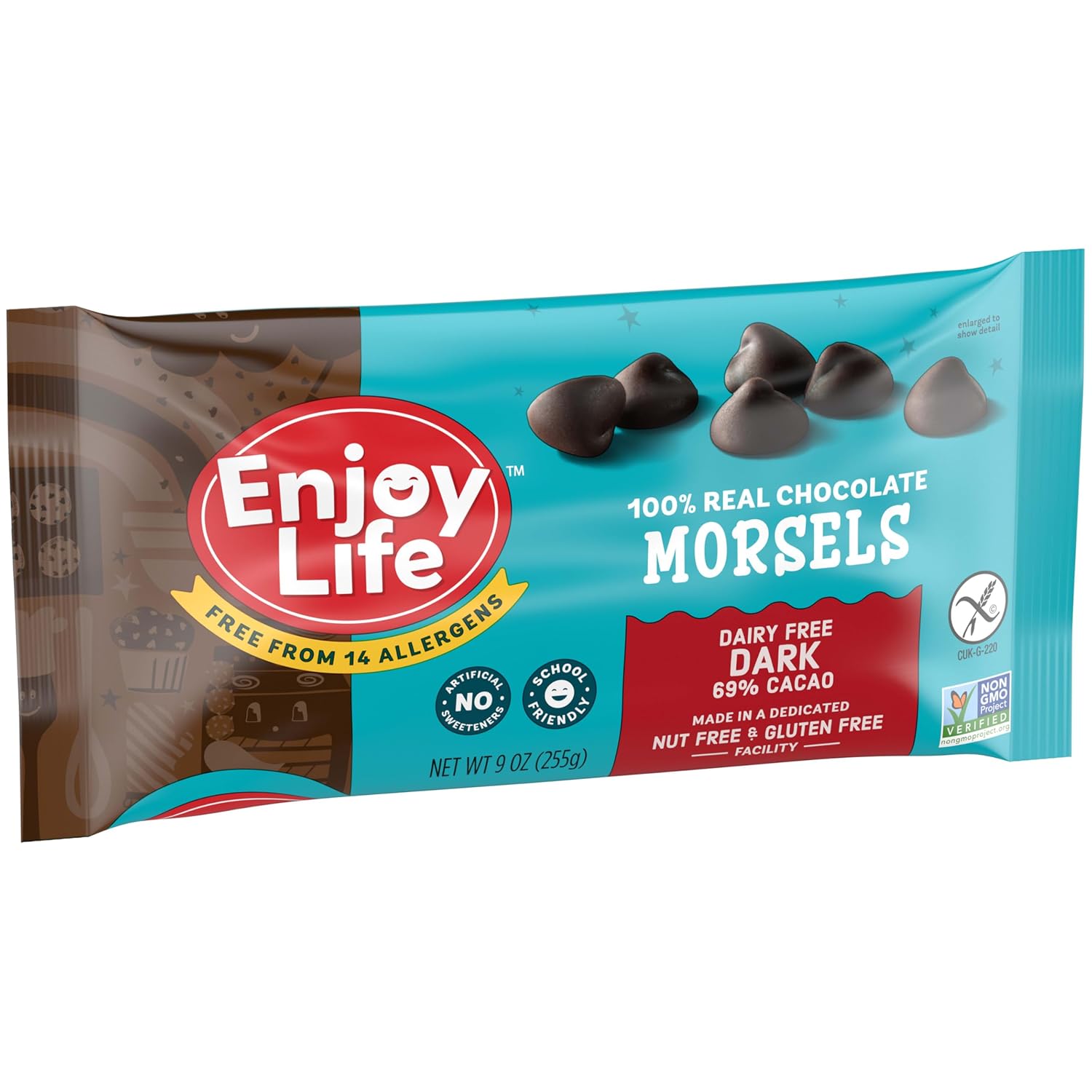 Enjoy Life Baking Dark Chocolate Morsels, Dairy Free , Soy Free, Nut Free, Non GMO, Gluten Free, Vegan Chocolate Chips, 9 oz bag