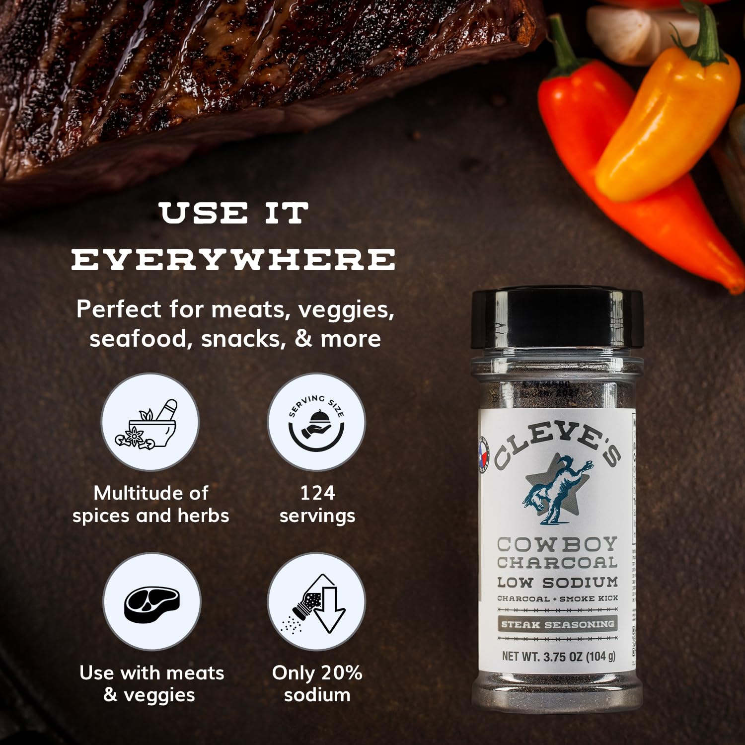 Cleve's Gourmet, Steak Seasoning for Grilling & Cooking, Steak Rub with Smoky Charred Flavor, Prime Rib Seasoning & Beef Seasoning, (Small, Cowboy Charcoal Steak Seasoning)