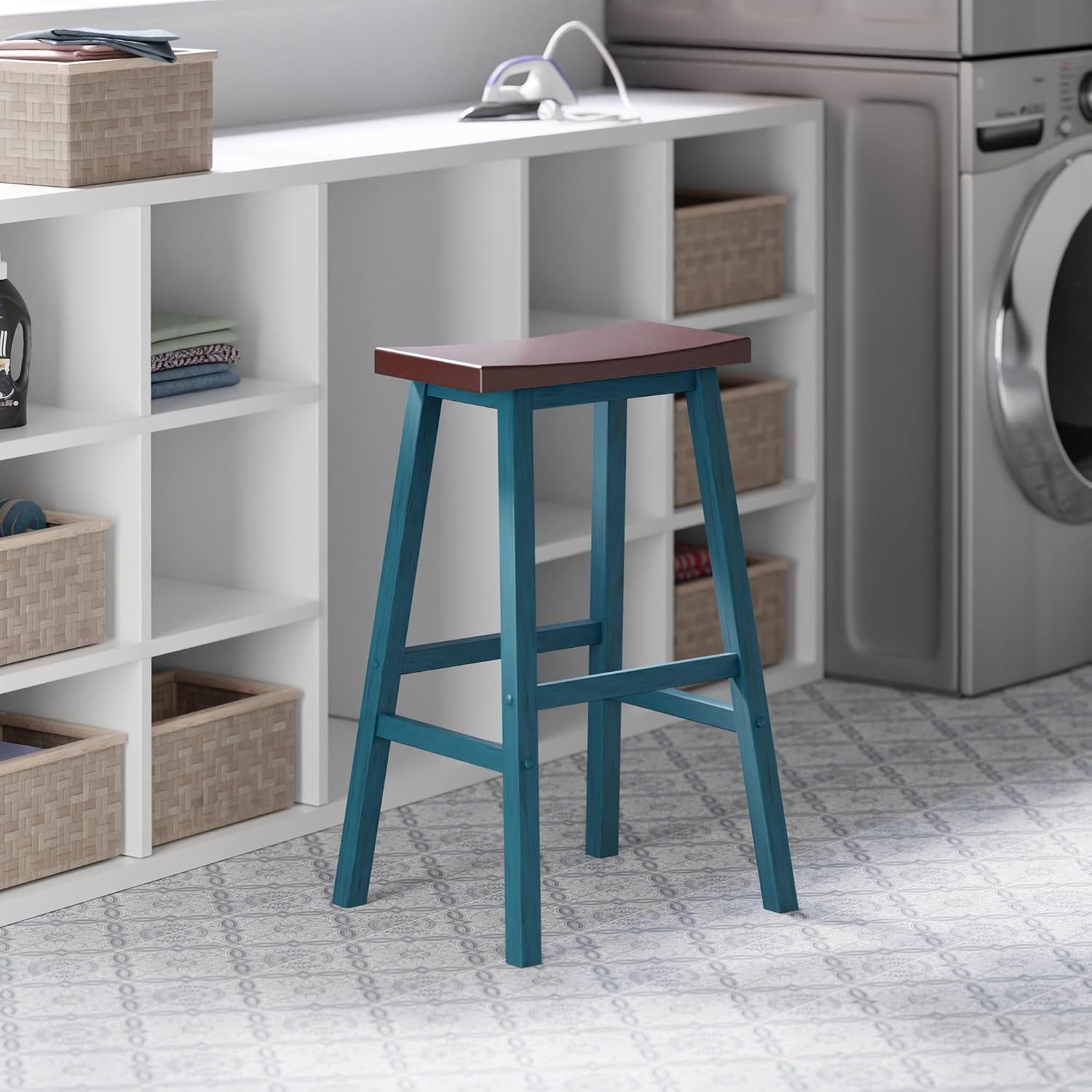 Winsome Satori Saddle Seat Counter Stool, Walnut, 24" | Classic Backless Bar Chairs for Kitchen & Dining Room Seating, Timeless Essential Furniture for Home, Dorm, Apartments