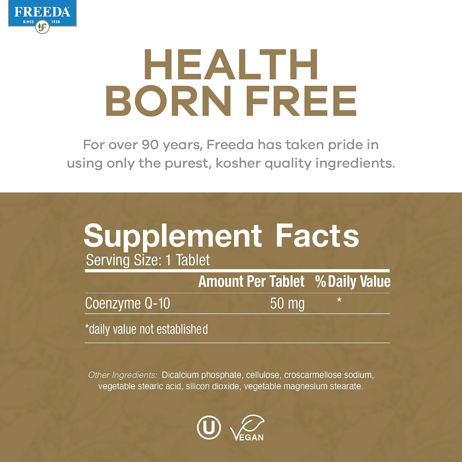 FREEDA CoQ10 50mg Vegan Coenzyme Q10 Supplement - 50 Count | Vegan Coq10 Supplement with 50mg Pure Ubiquinone to Support Cardiovascular Wellness