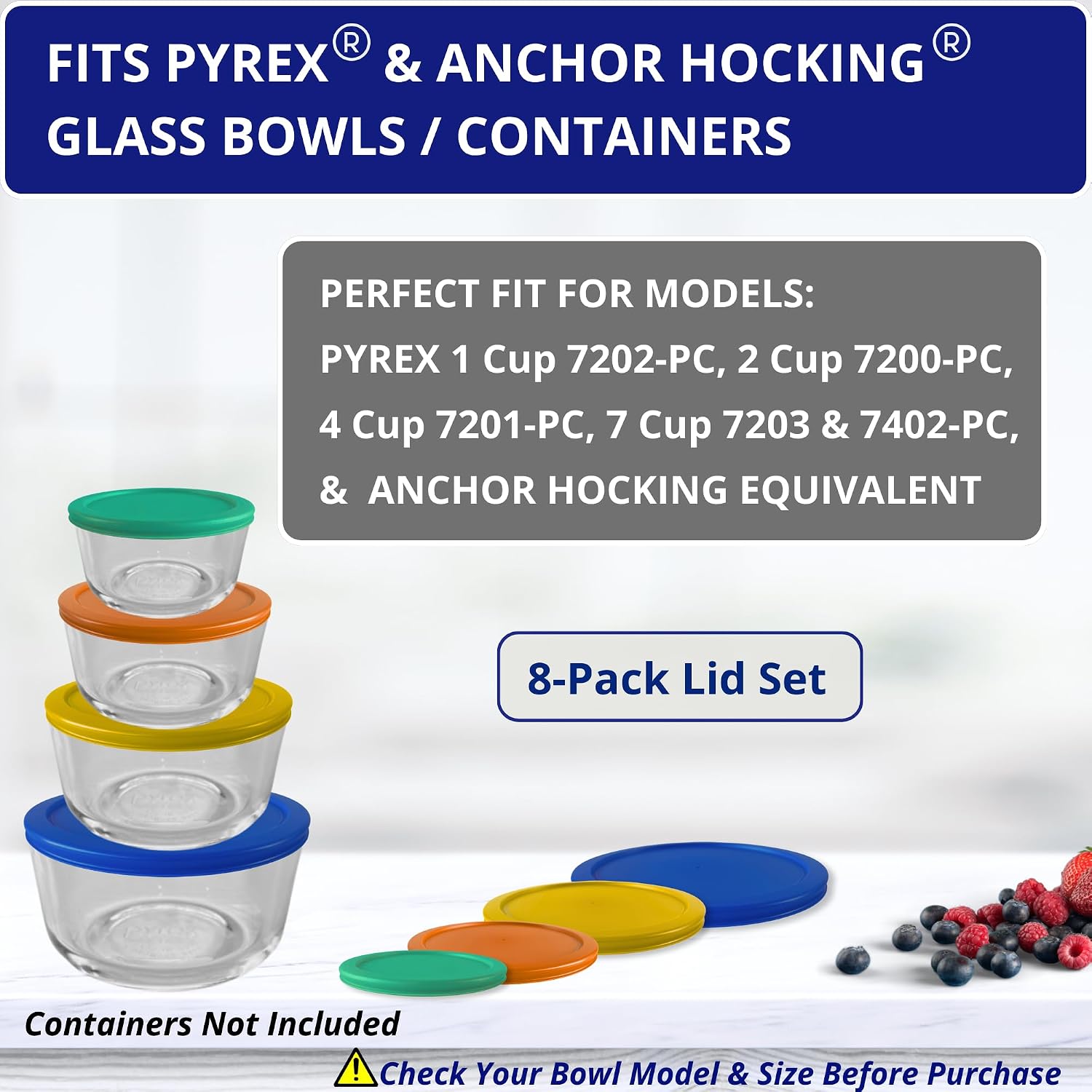 1, 2, 4 & 7 Cup Green, Orange, Blue, Red Replacement Lids/Covers for Pyrex