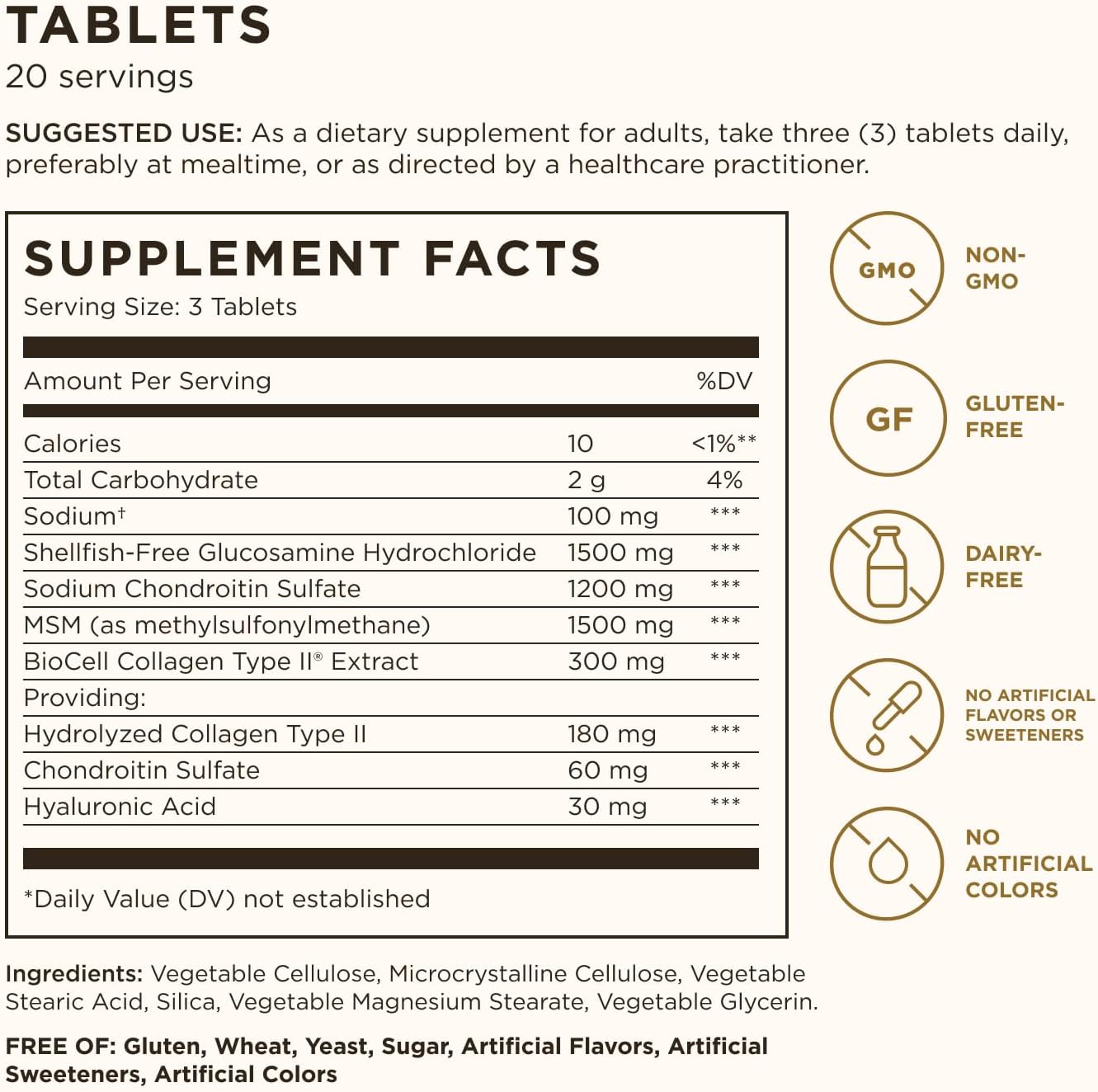 Solgar Glucosamine Hyaluronic Acid Chondroitin MSM, 60 Tablets | (Shellfish-Free), Joint Support & Comfort - Supports Active Lifestyles - Non-GMO, Gluten Free, Dairy Free - 20 Servings