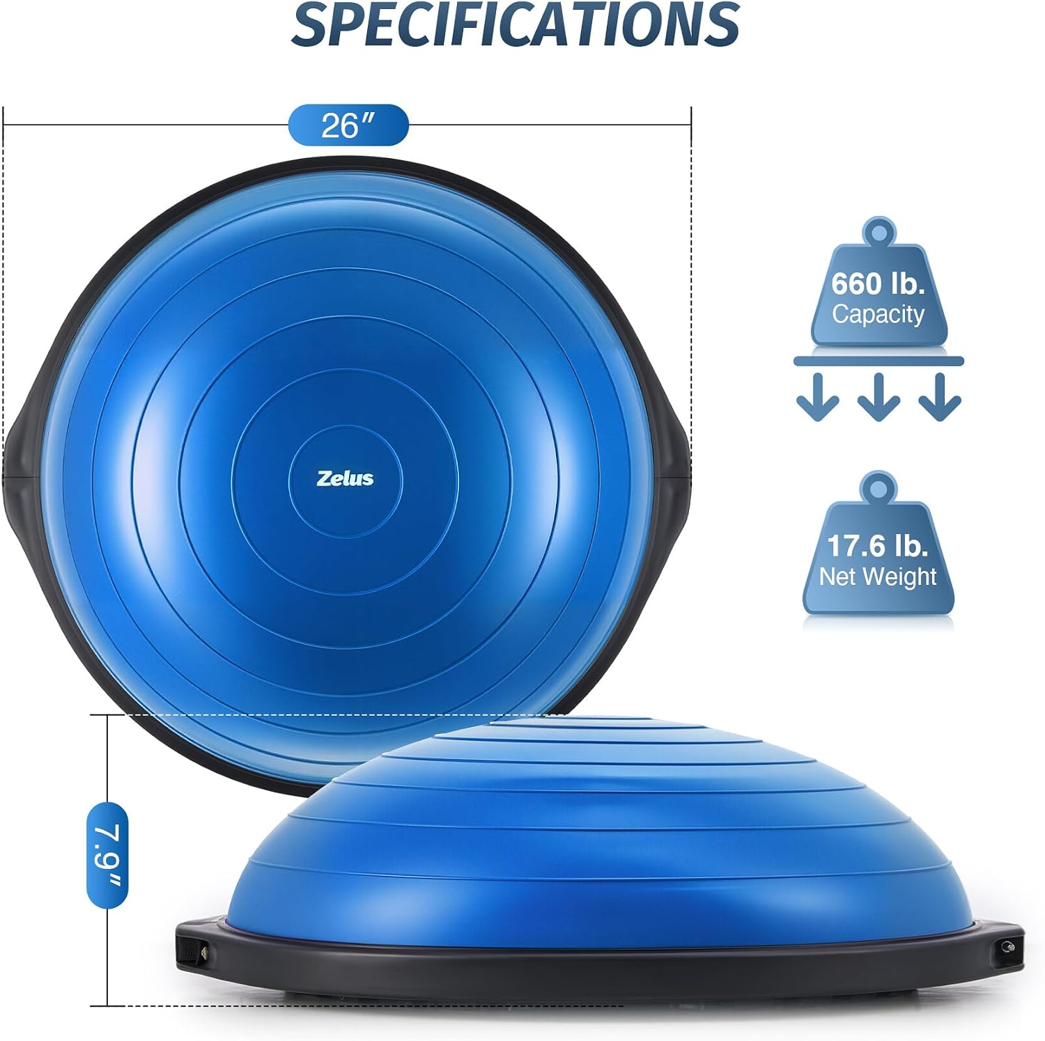 ZELUS 25in. Balance Ball | 660lb Inflatable Half Exercise Ball Wobble Board Balance Trainer w Nonslip Base | Half Yoga Ball Strength Training