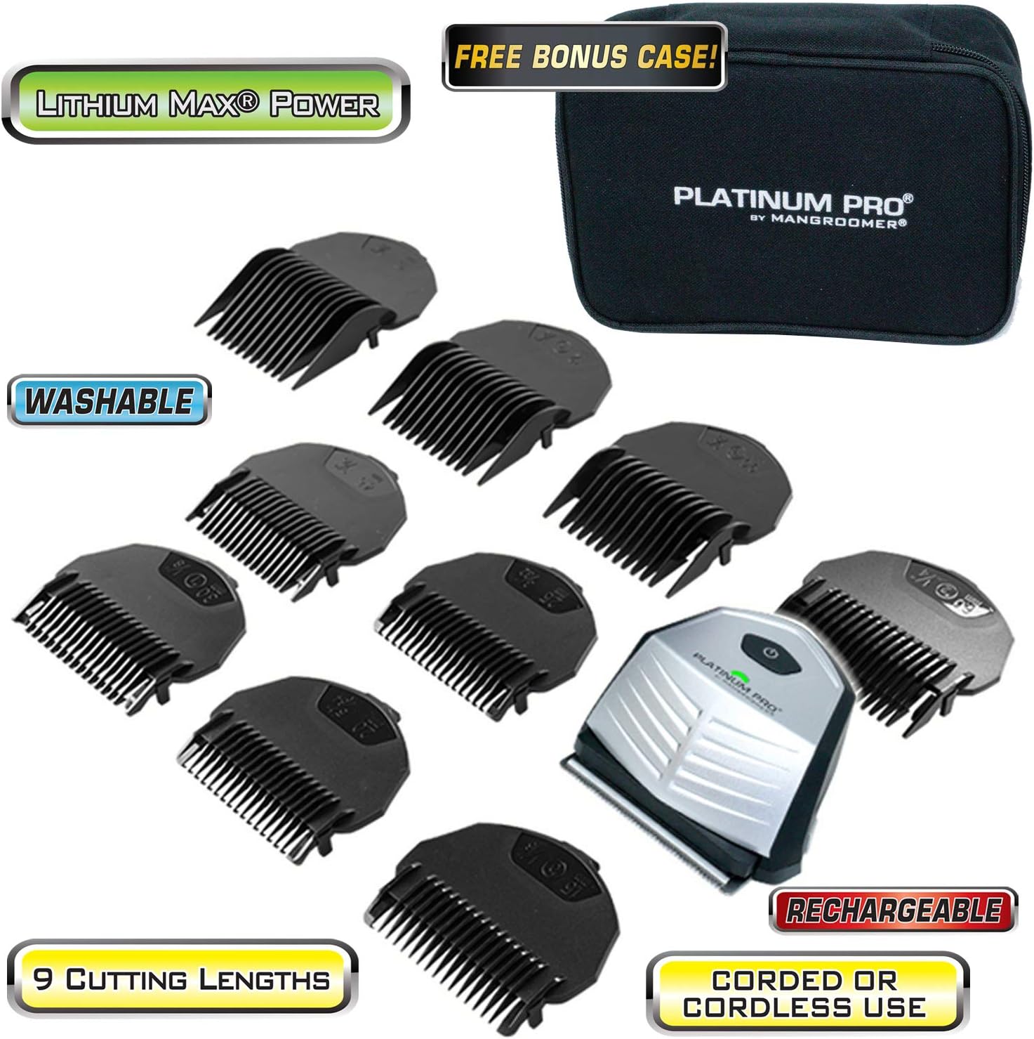 MANGROOMER - PLATINUM PRO New Self-Haircut Kit and Advanced Hair Clippers with Lithium Max Battery, 9 Length Guards and Included Bonus Storage Case