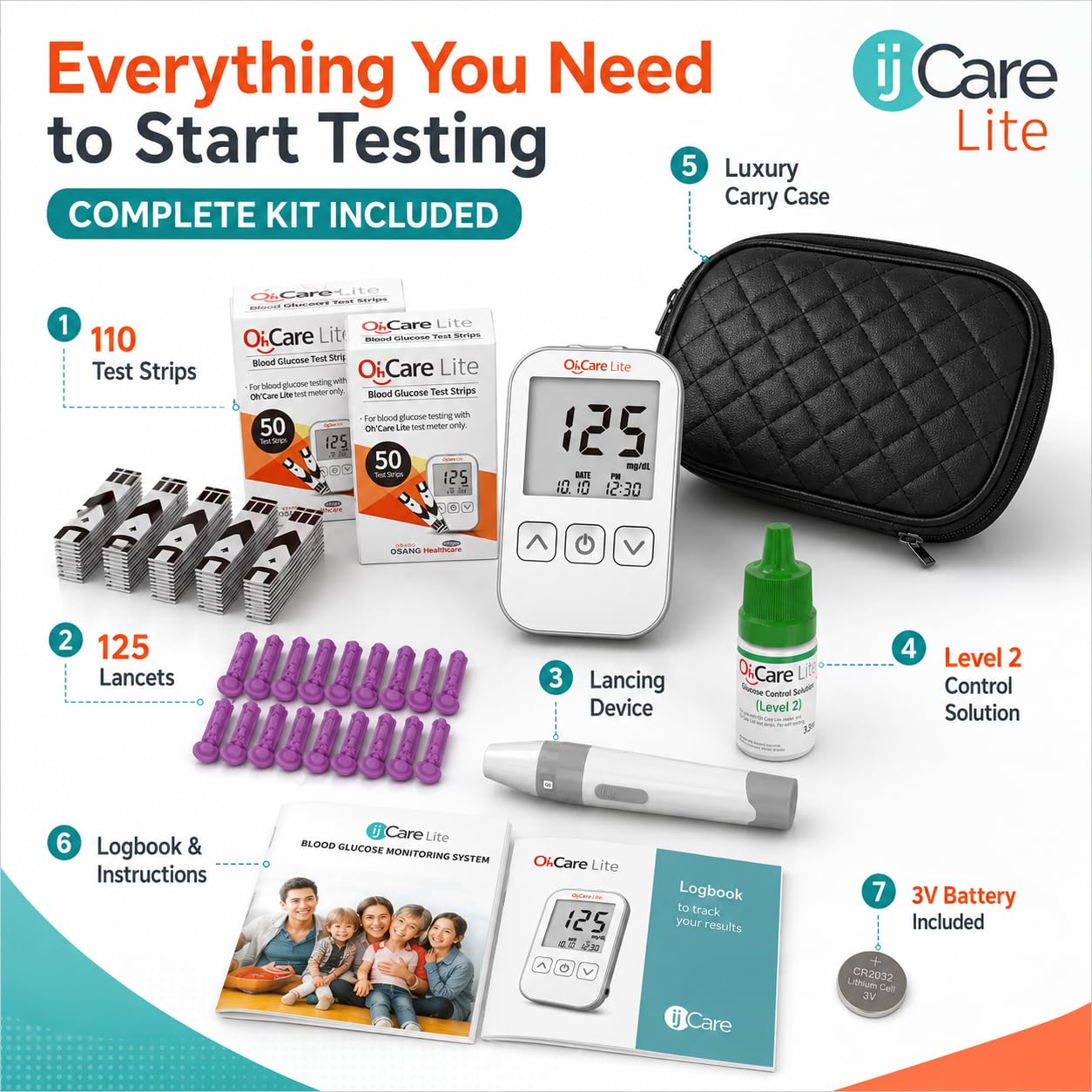 Oh’Care Lite Blood Sugar Test Kit – Blood Glucose Meter with Strips and Lancets, Lancing Device, Log