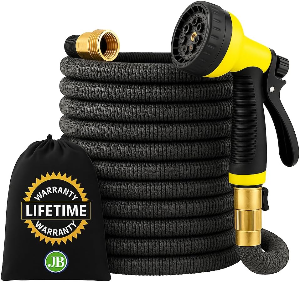 J&B XpandaHose 75ft Expandable Garden Hose, Lightweight, Brass Connectors | Ultra Strong 3750D fabric, 4-layer latex core, expands 3X, kink & leak-resistant, 10-pattern nozzle, storage bag